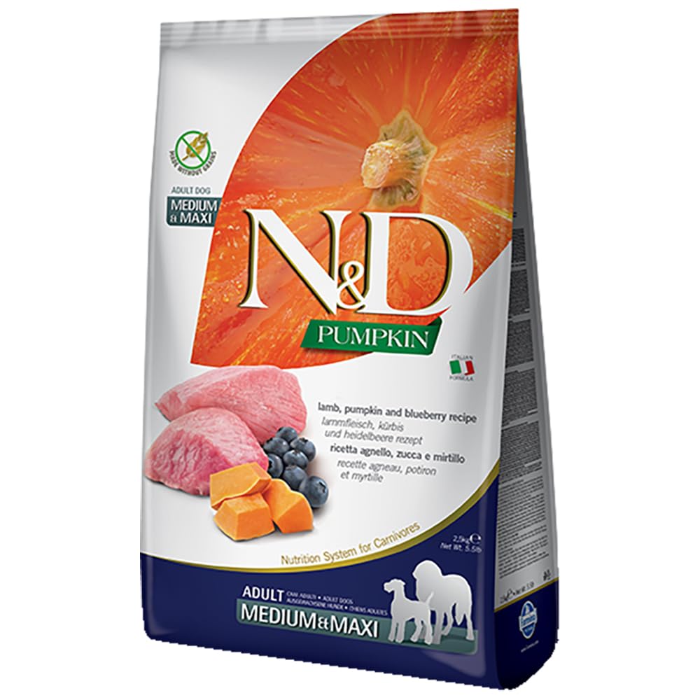 N&D pumpkin lamb blueberry dry dog food bag promotes grain-free nutrition for a healthy coat and energy