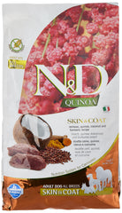 N&D Quinoa SKIN&COAT Venison bag highlighting premium ingredients for skin support