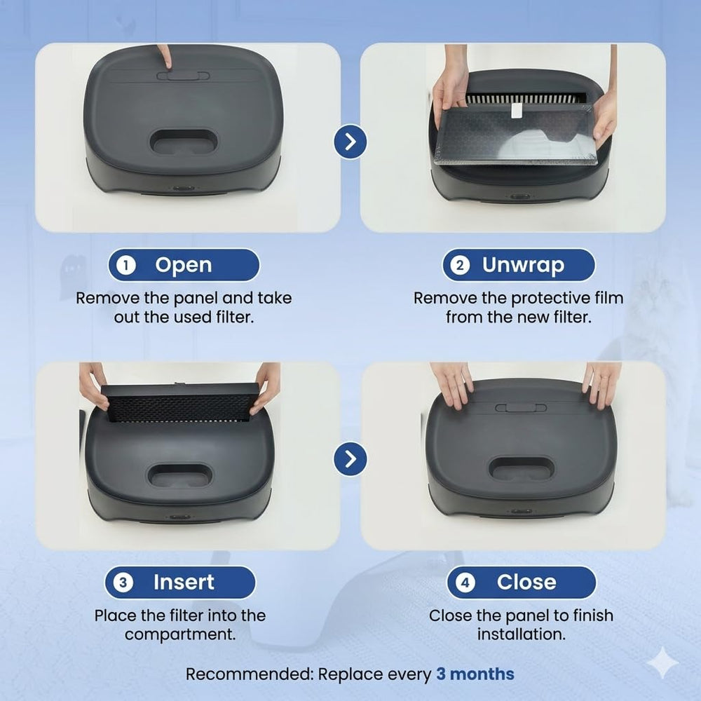 Neakasa Airstep dust and fur filter capturing particles near the box