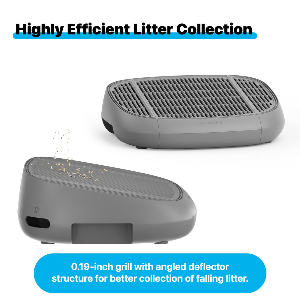 Neakasa angle deflector for litter collection reduces scatter.