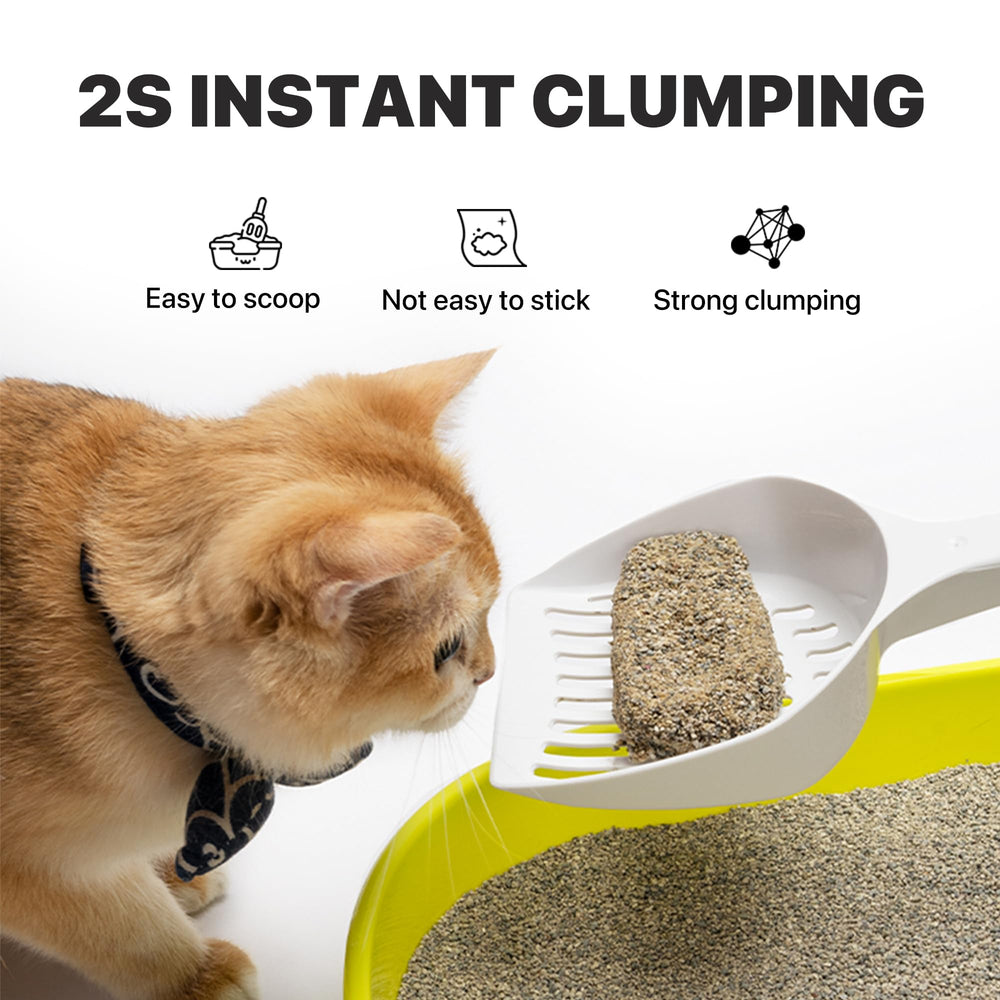 Odor-control action with coconut shell charcoal and mineral sand in Neakasa litter.