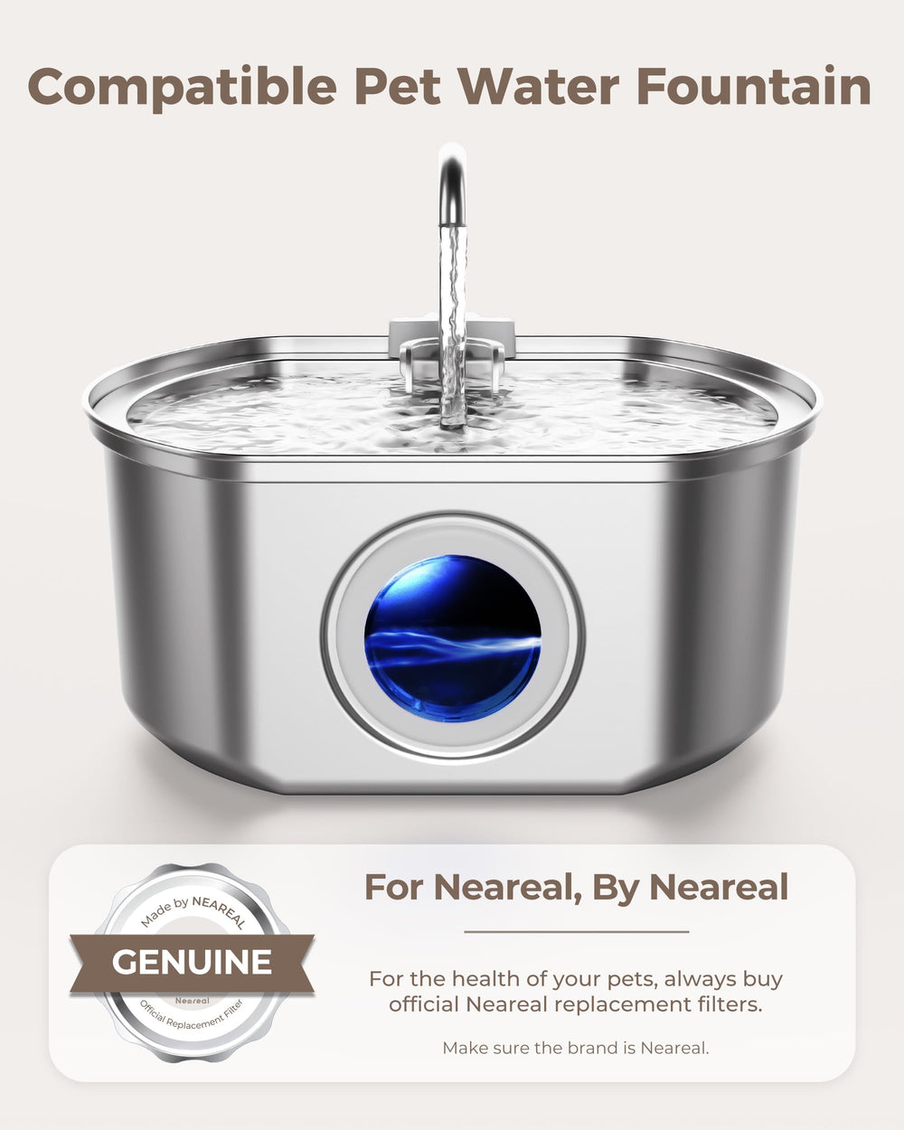 Neareal 108oz stainless steel fountain shows large capacity for multi-pet homes.