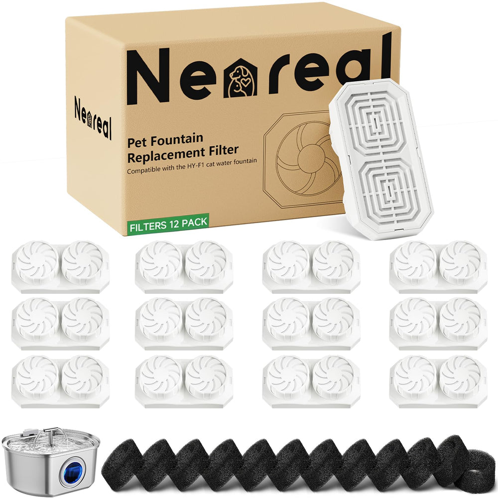 Neareal 12-pack replacement filters for the 3.2L fountain improve water cleanliness for pets.