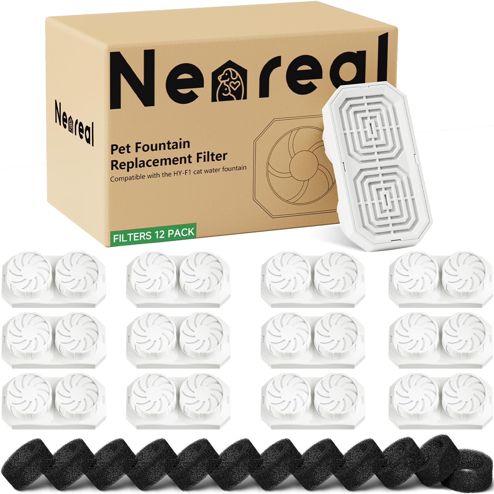Neareal 12-pack filters for 108oz fountain shown, supporting clean water for pets.