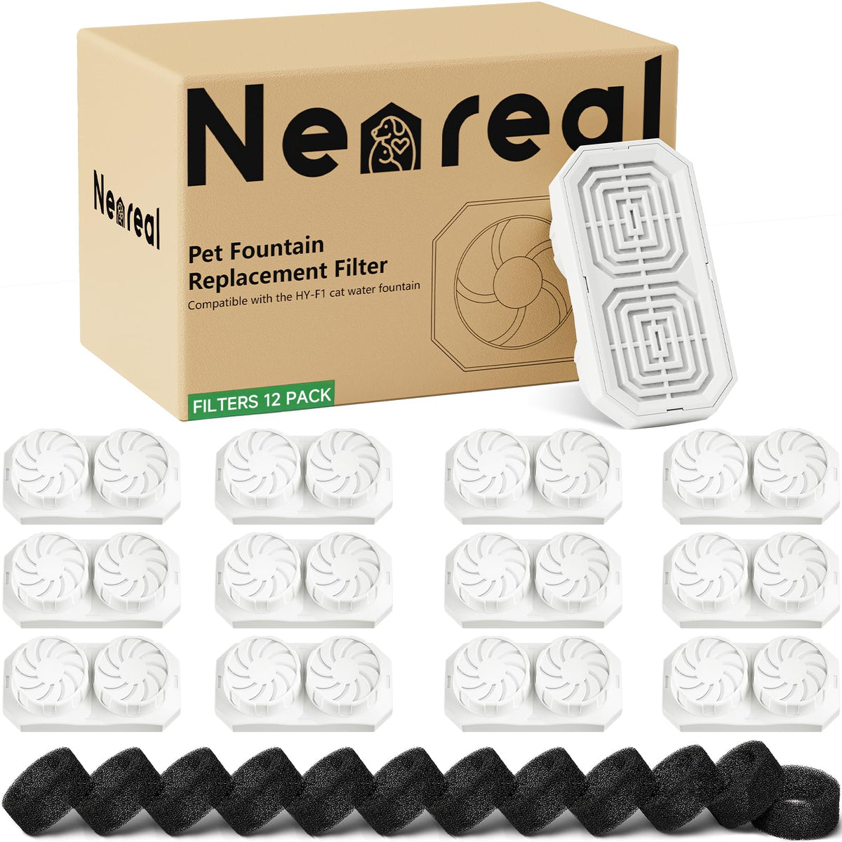 Neareal 12-pack filters for 108oz fountain shown, supporting clean water for pets.