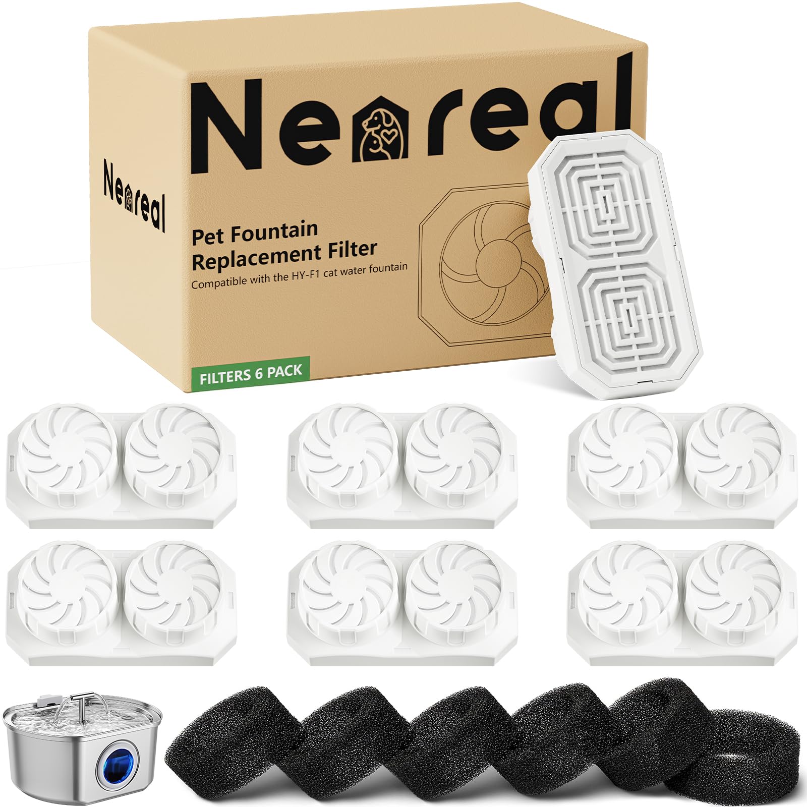 Neareal 6-pack replacement filters ensure fresh water for multiple pets.