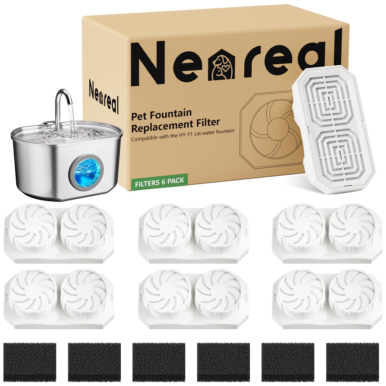 Neareal cat fountain filters pack 6 ensures clean hydration for pets.