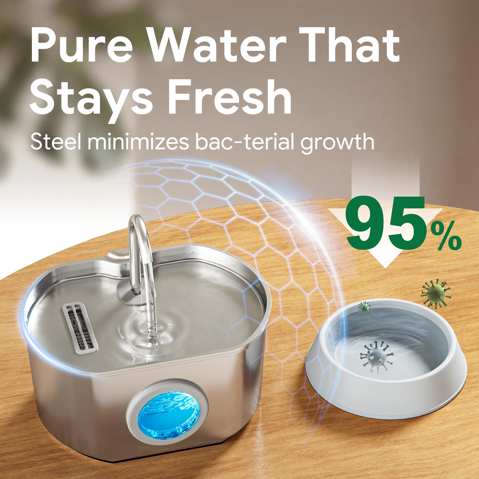 Neareal stainless steel bowl with filter sponge traps debris.