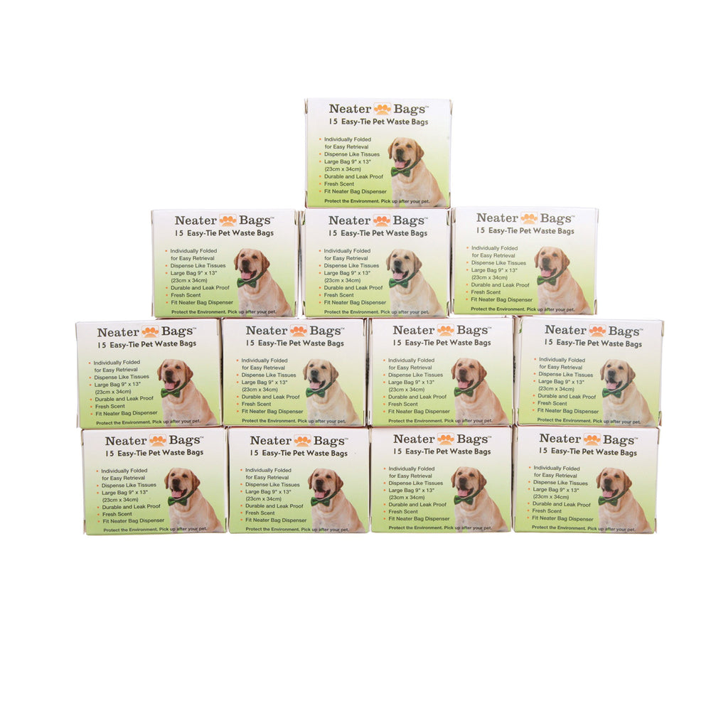 Neater Bags measure 8.9 by 8.5 inches for various dog sizes.