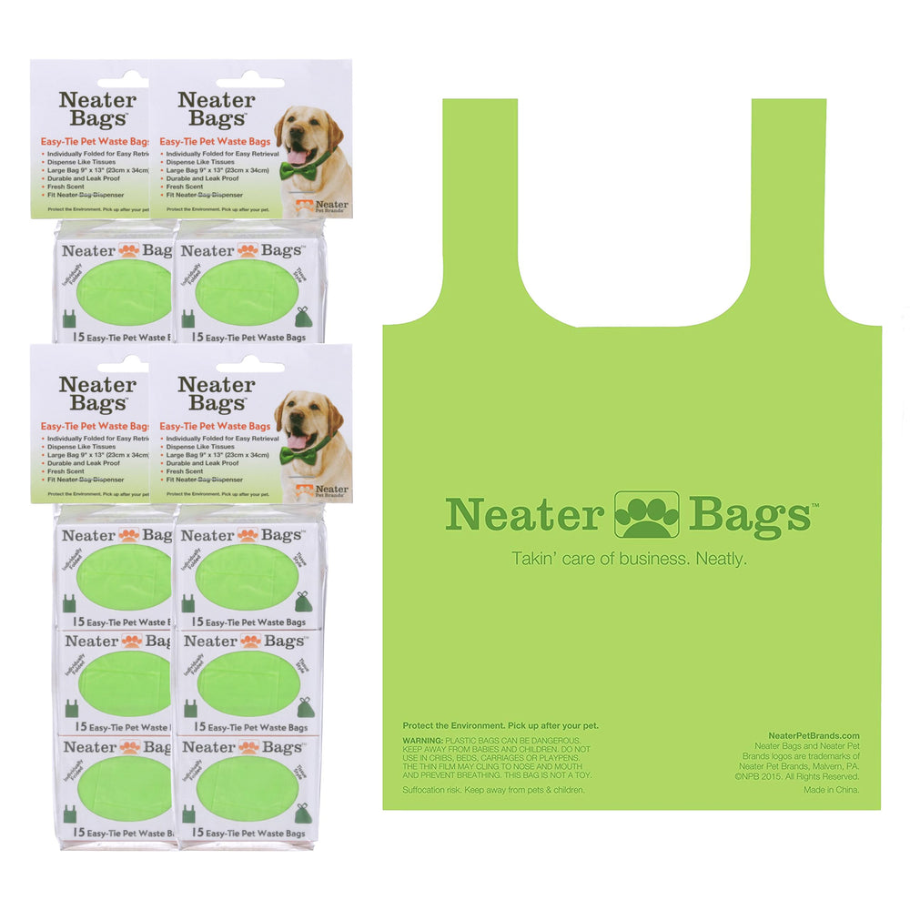 Neater Bags demonstrate dispensing one-at-a-time for quick walks and cleanups.