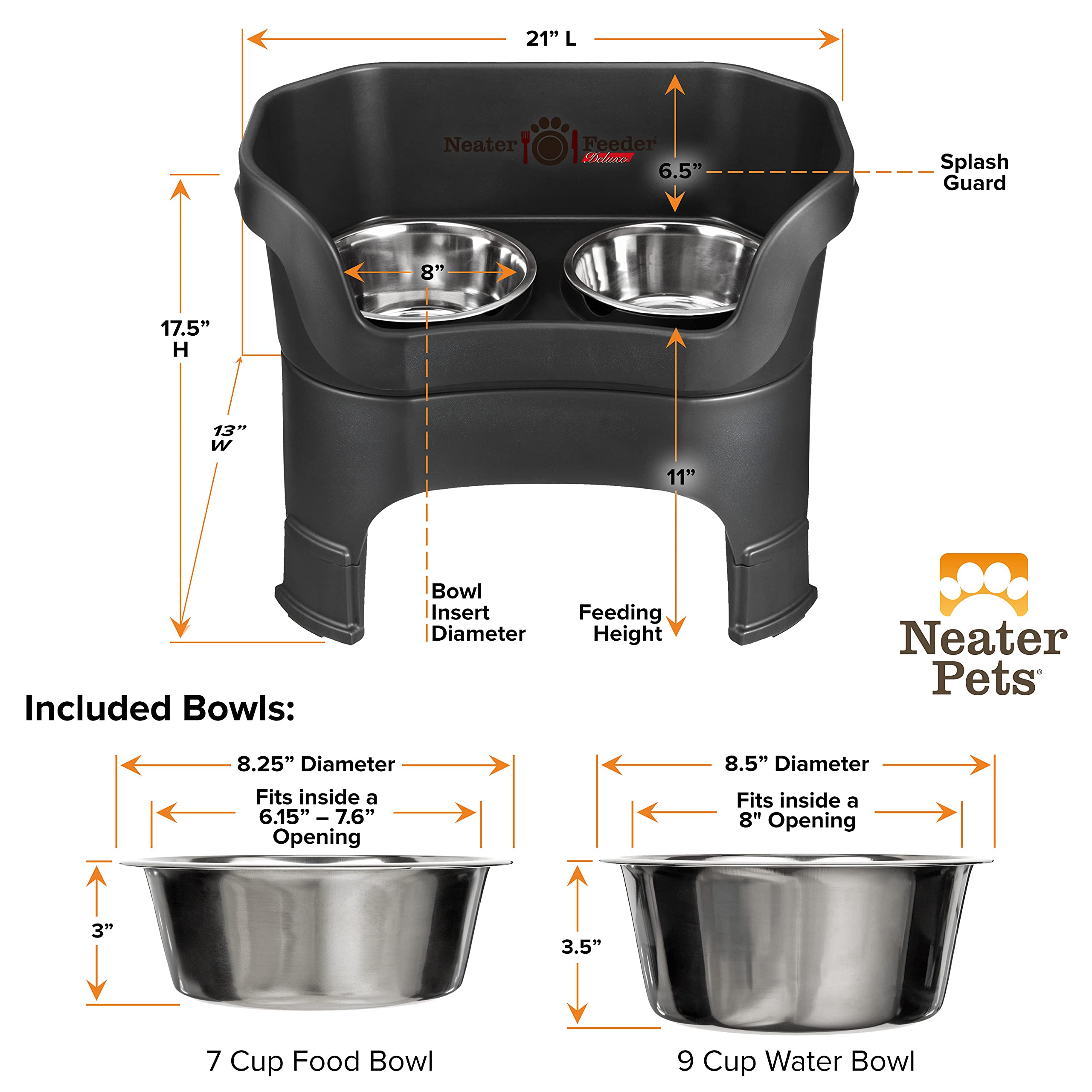 Neater Feeder Deluxe includes 7-cup food and 9-cup water bowls