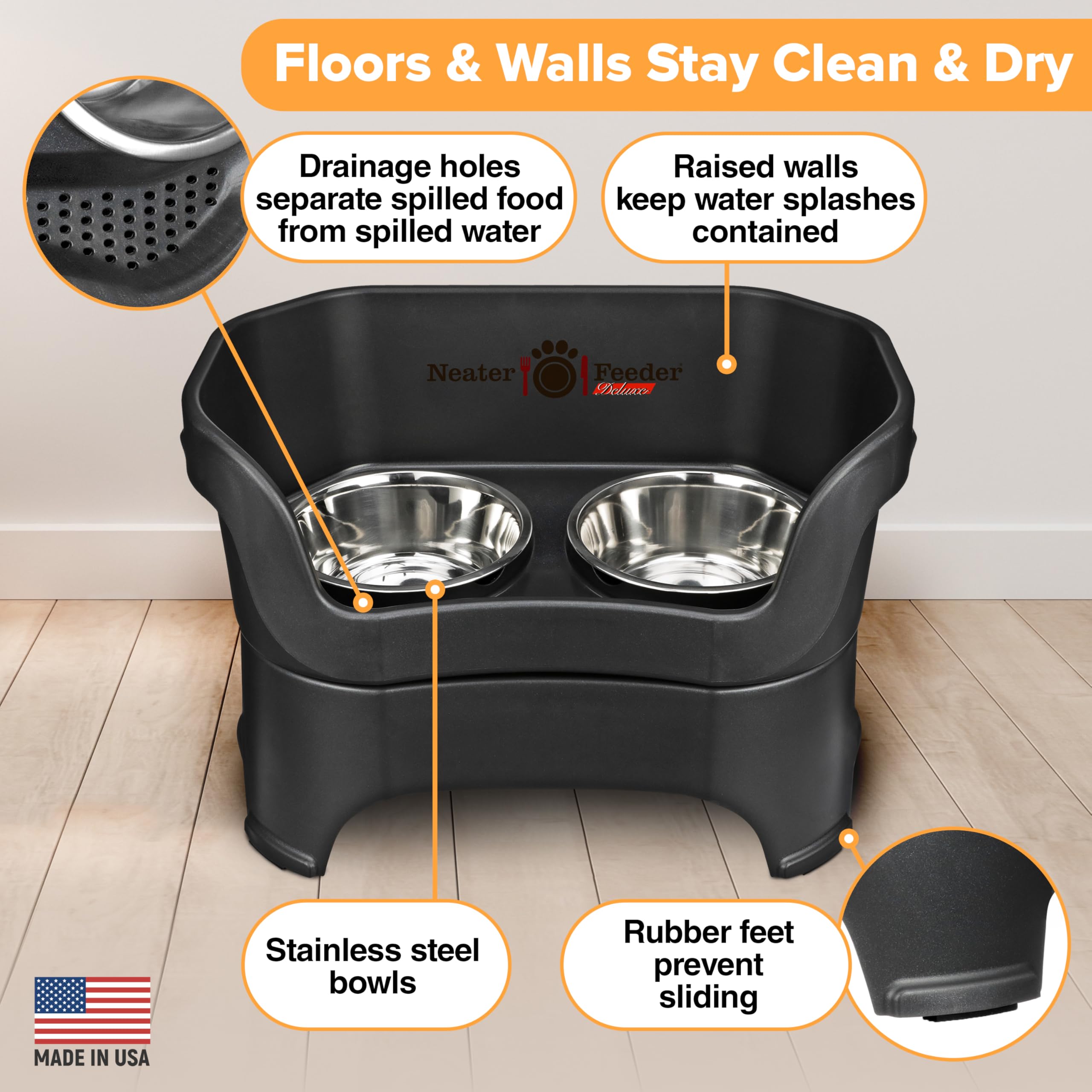 Neater Feeder Deluxe non-skid feet prevent sliding on kitchen floors.