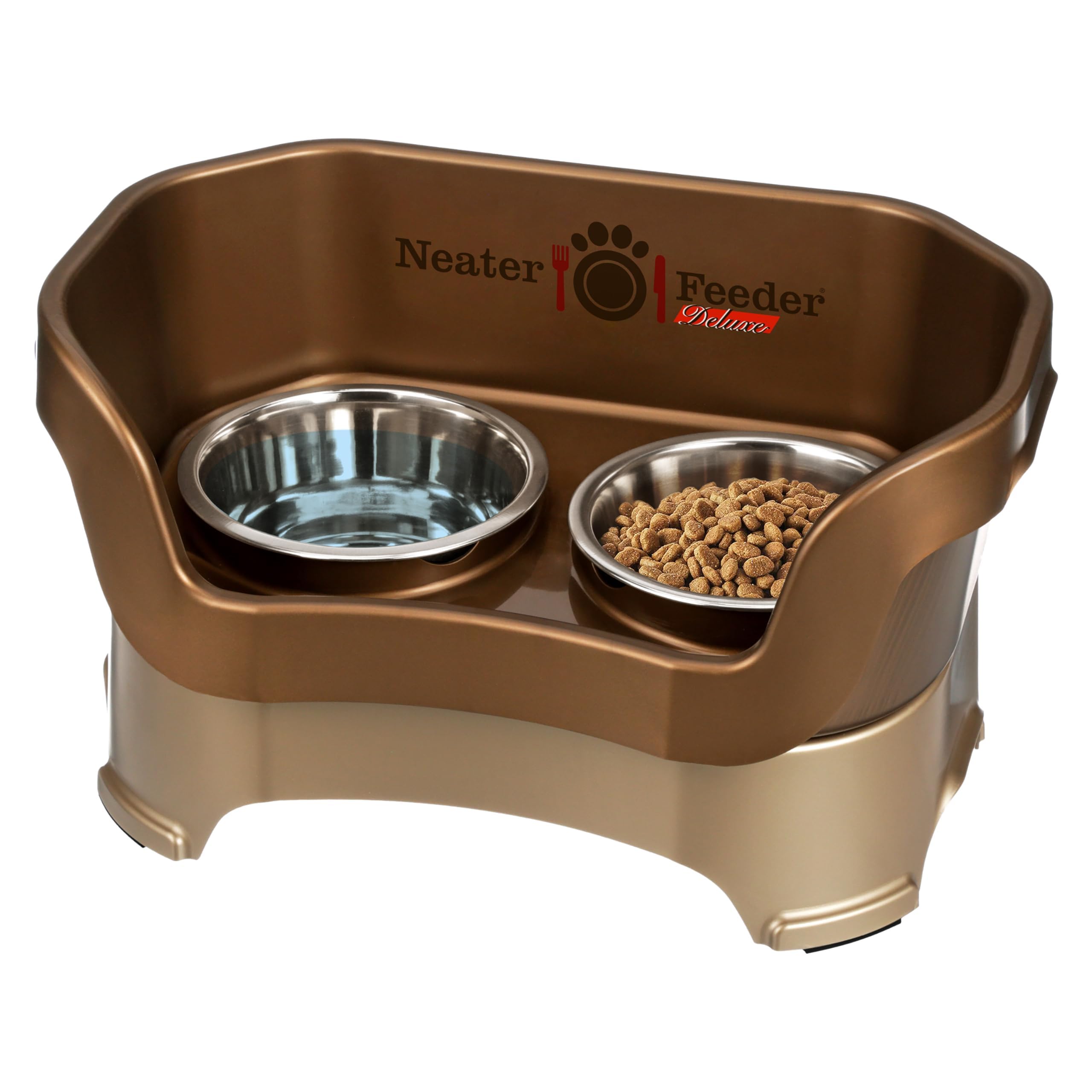 Neater Feeder Deluxe raised bowl stand in bronze for tidy medium dog meals