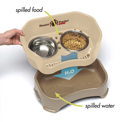 Neater Feeder elevated bowls reduce neck strain for medium dogs during meals.