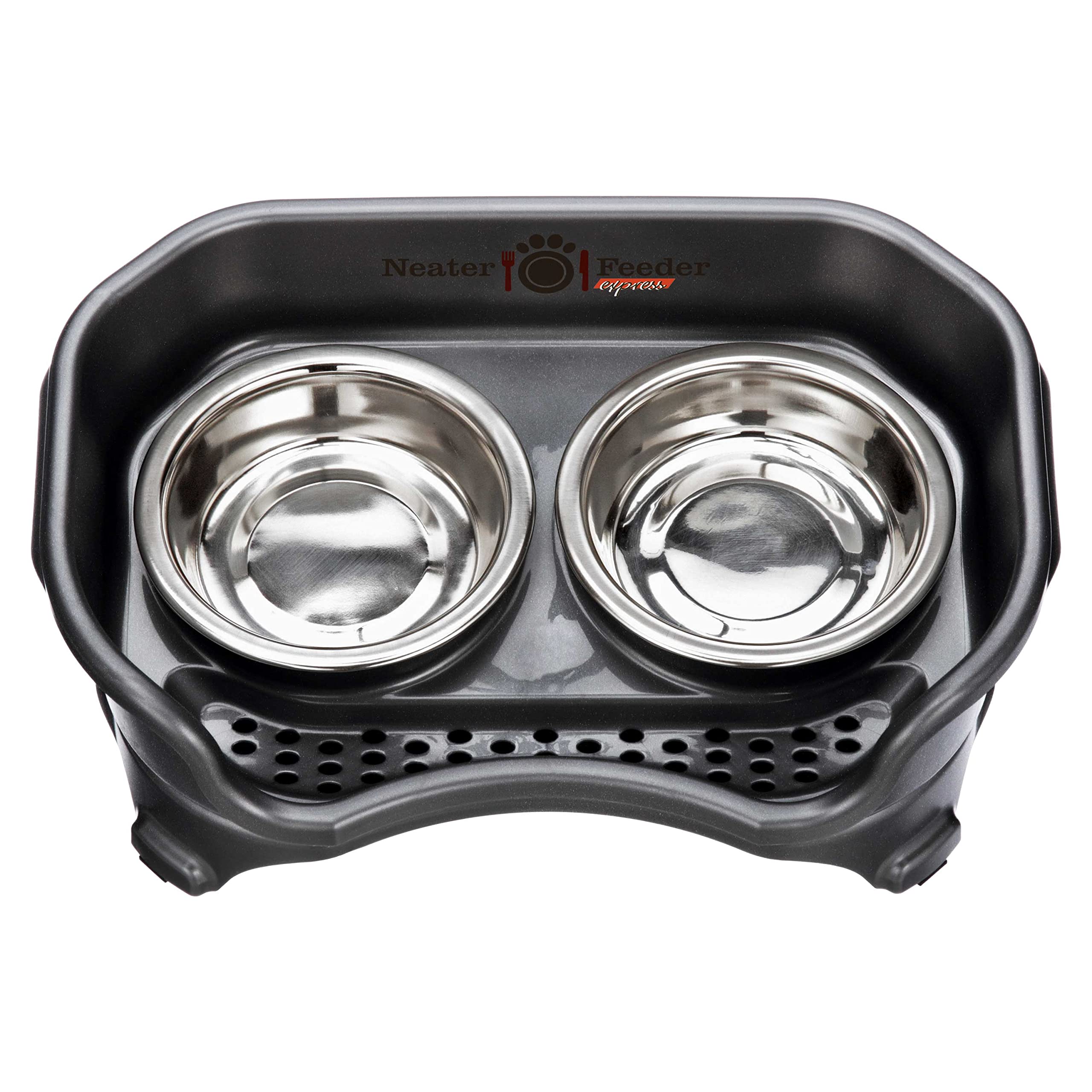 Neater Feeder Express black raised feeder complements home decor while keeping food area tidy.