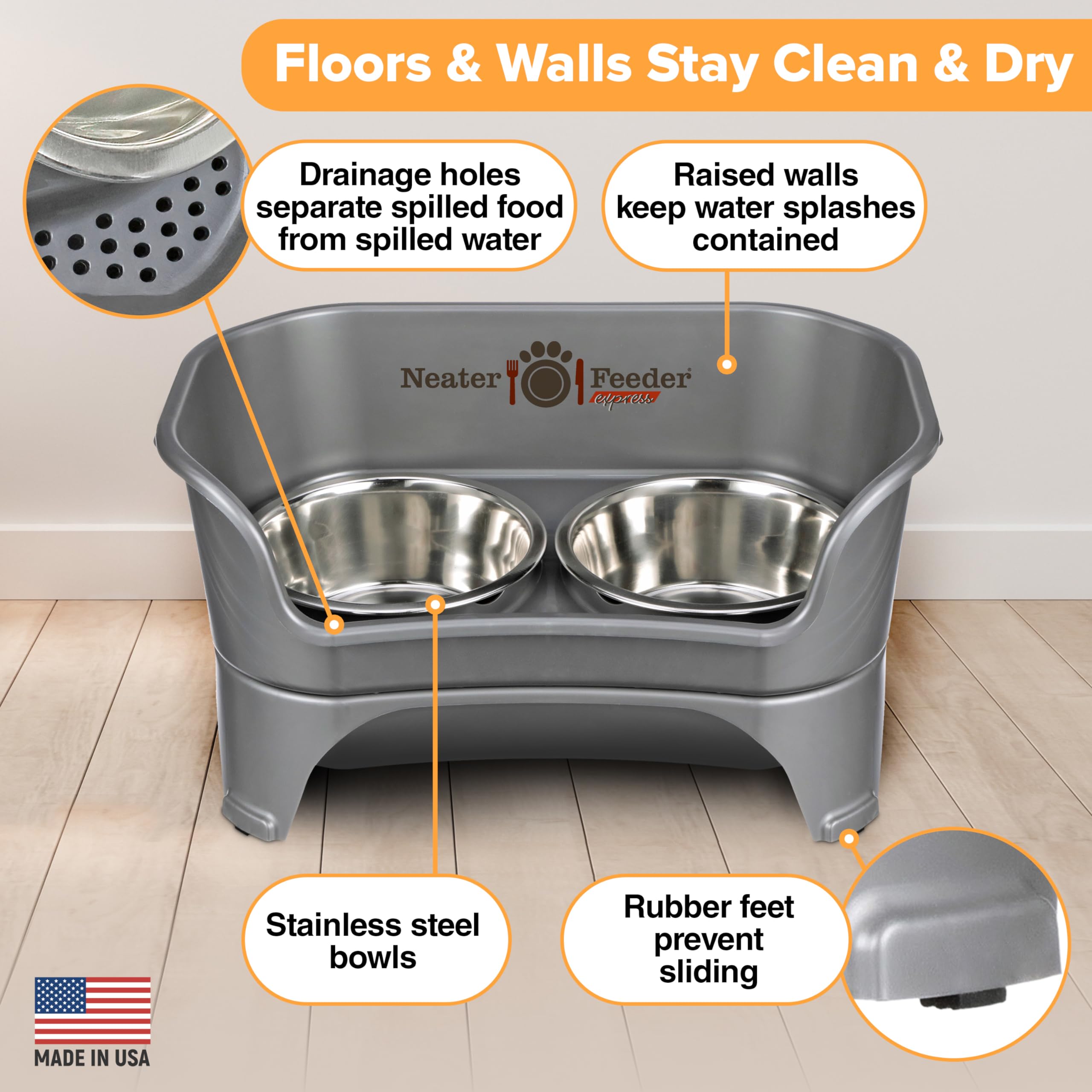Neater Feeder Express catch basin drains spills away from the floor