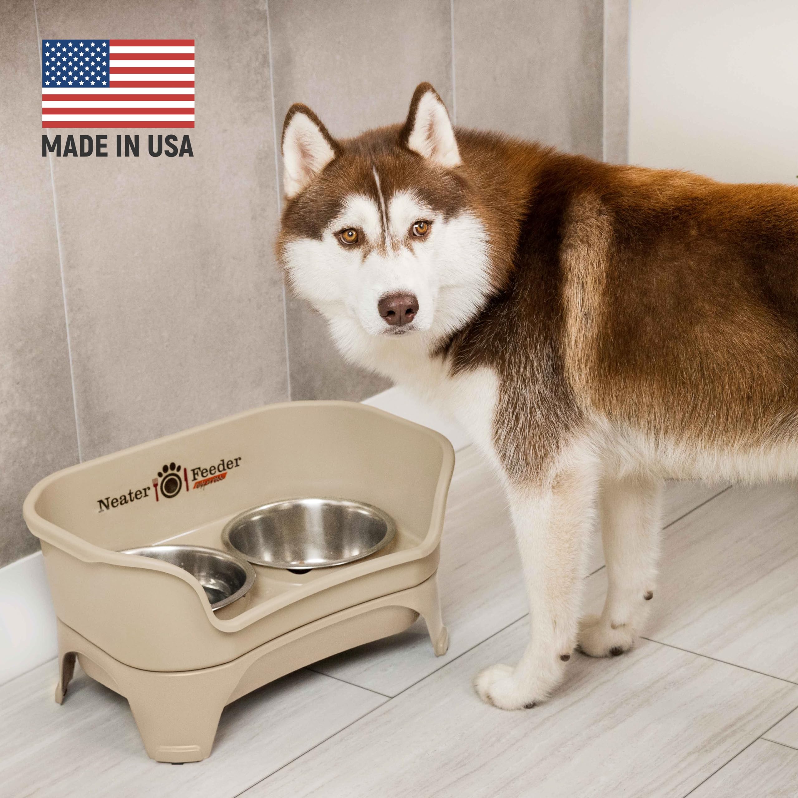 Neater Feeder Express elevated bowls reduce neck strain for large dogs.