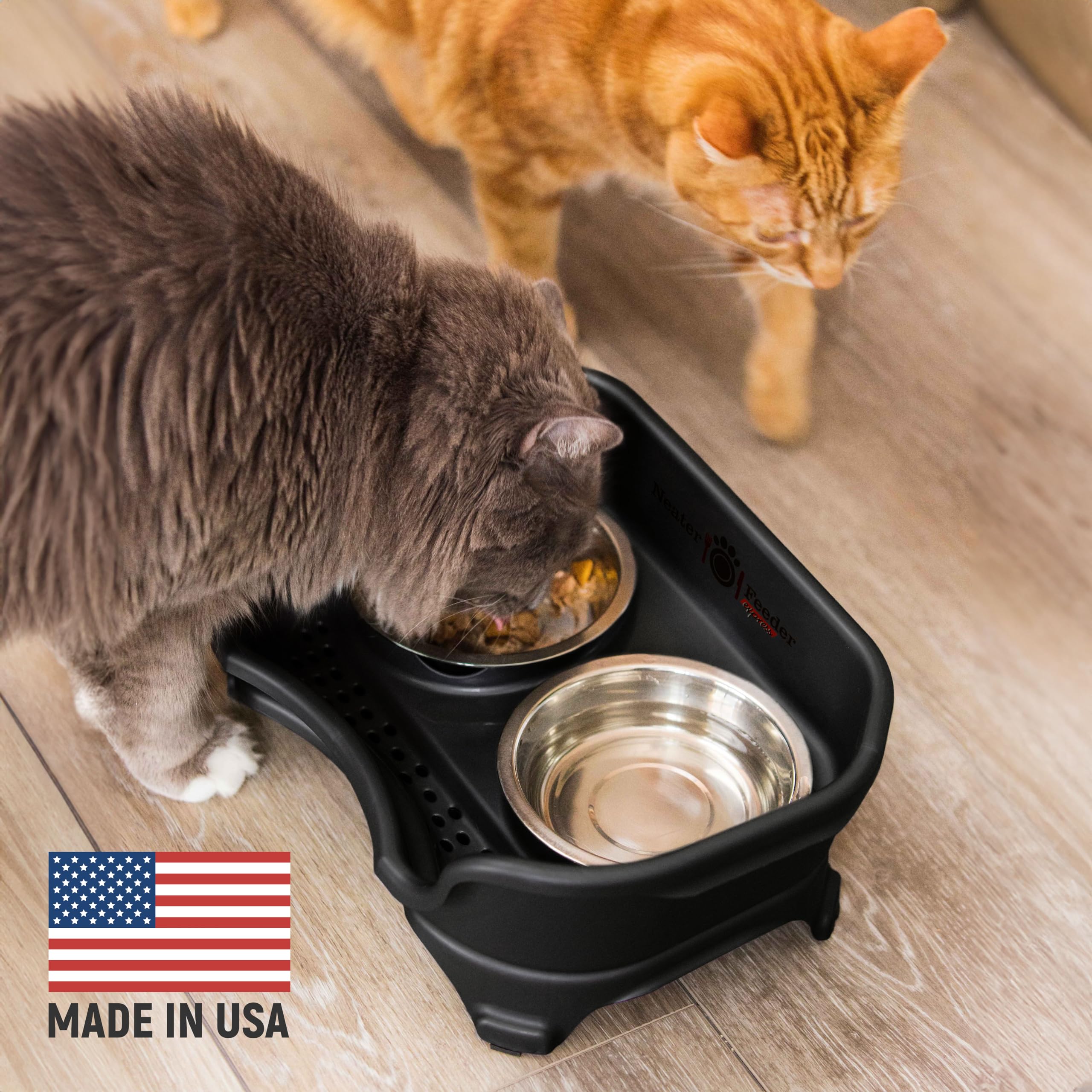 Neater Feeder Express elevated cat bowls shown with two 1-cup dishes.