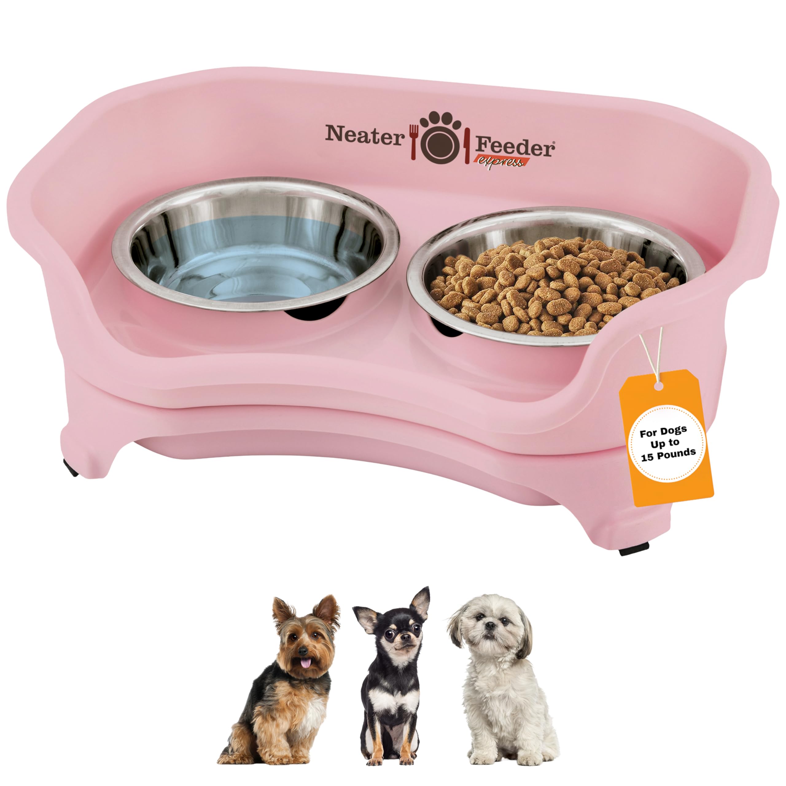 Neater Feeder Express mess-proof stand with elevated bowls for small dogs.