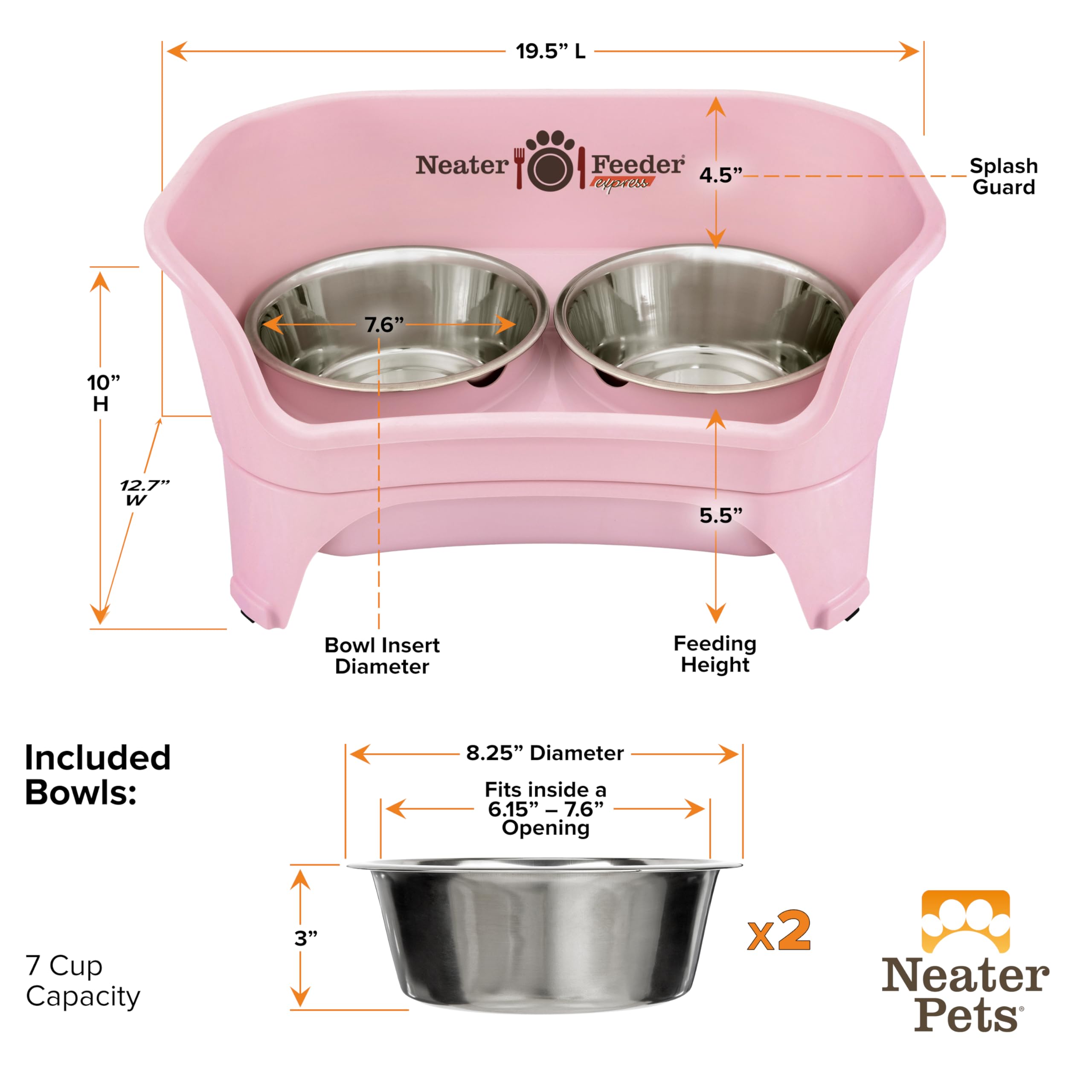 Neater Feeder Express pink feeding station in use shows organized mealtime setup
