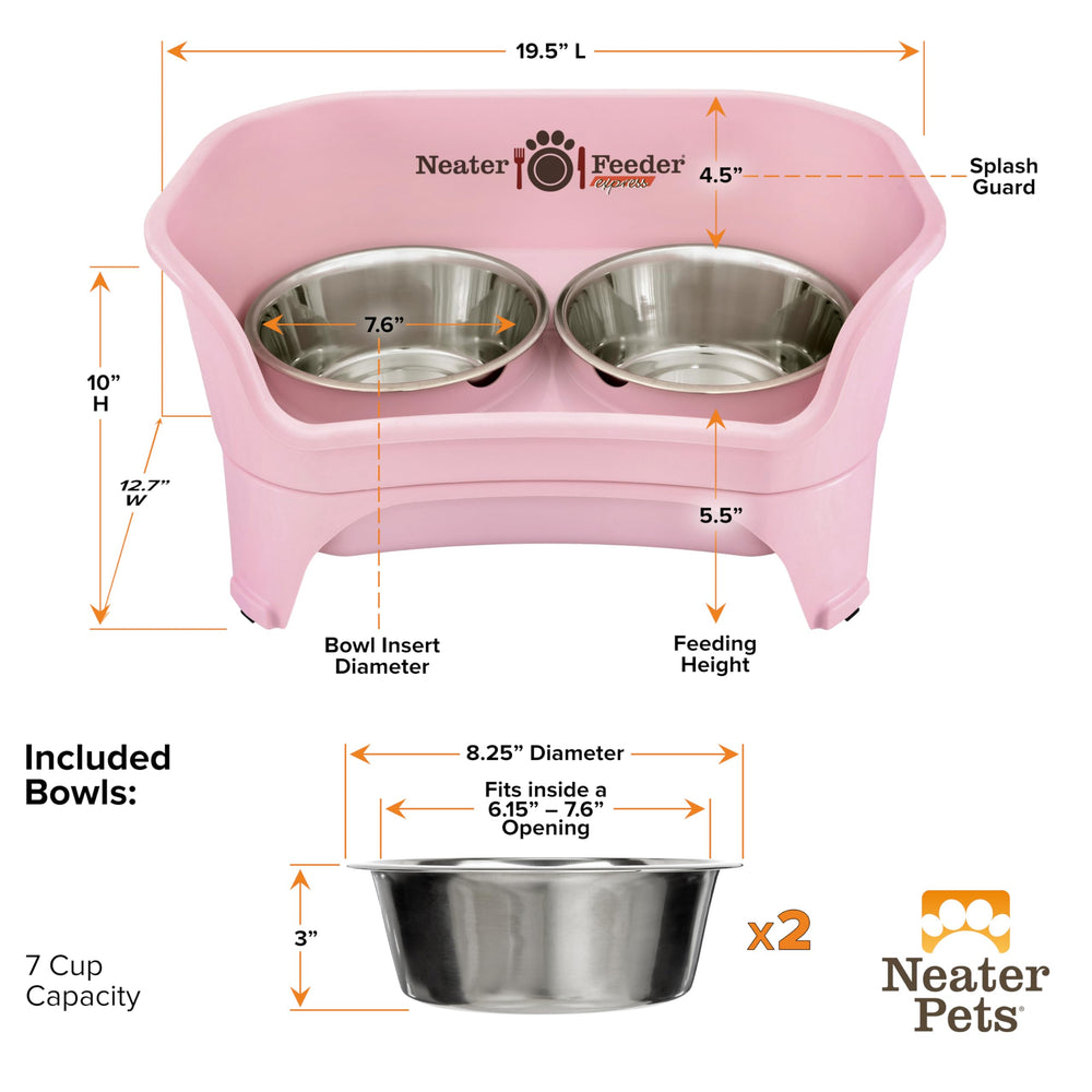 Neater Feeder Express pink feeding station in use shows organized mealtime setup