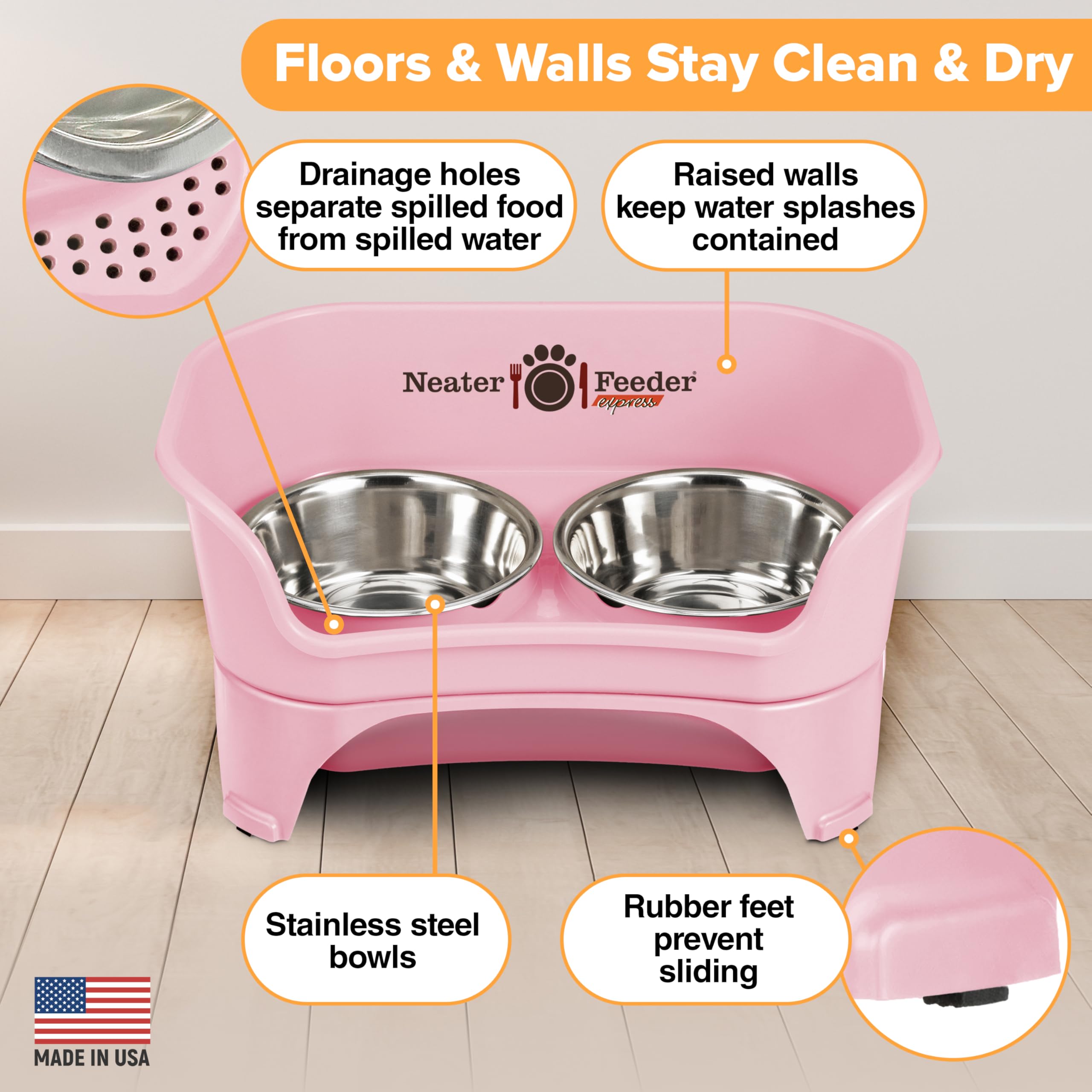 Neater Feeder Express pink stainless steel bowls with 7-cup capacity for medium to large dogs