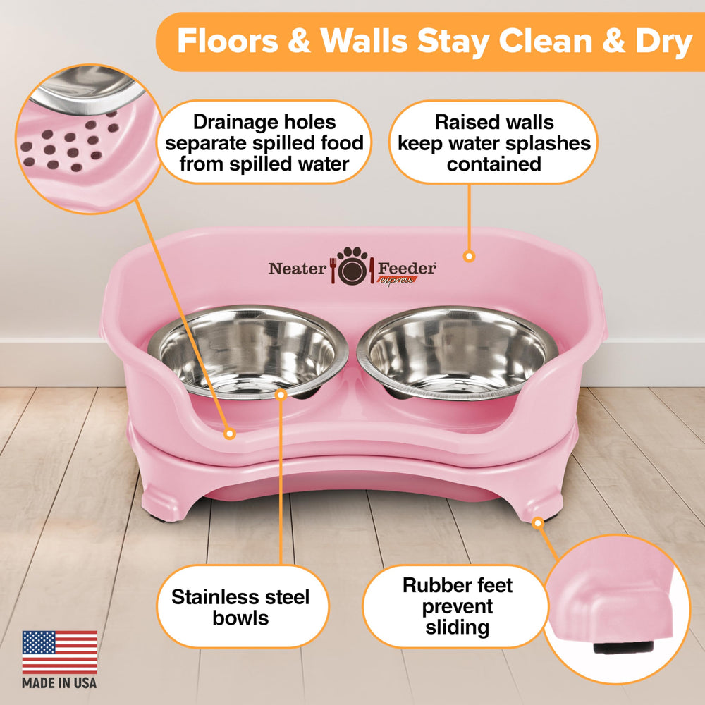 Neater Feeder Express spill-drain catch basin helps maintain a clean floor.