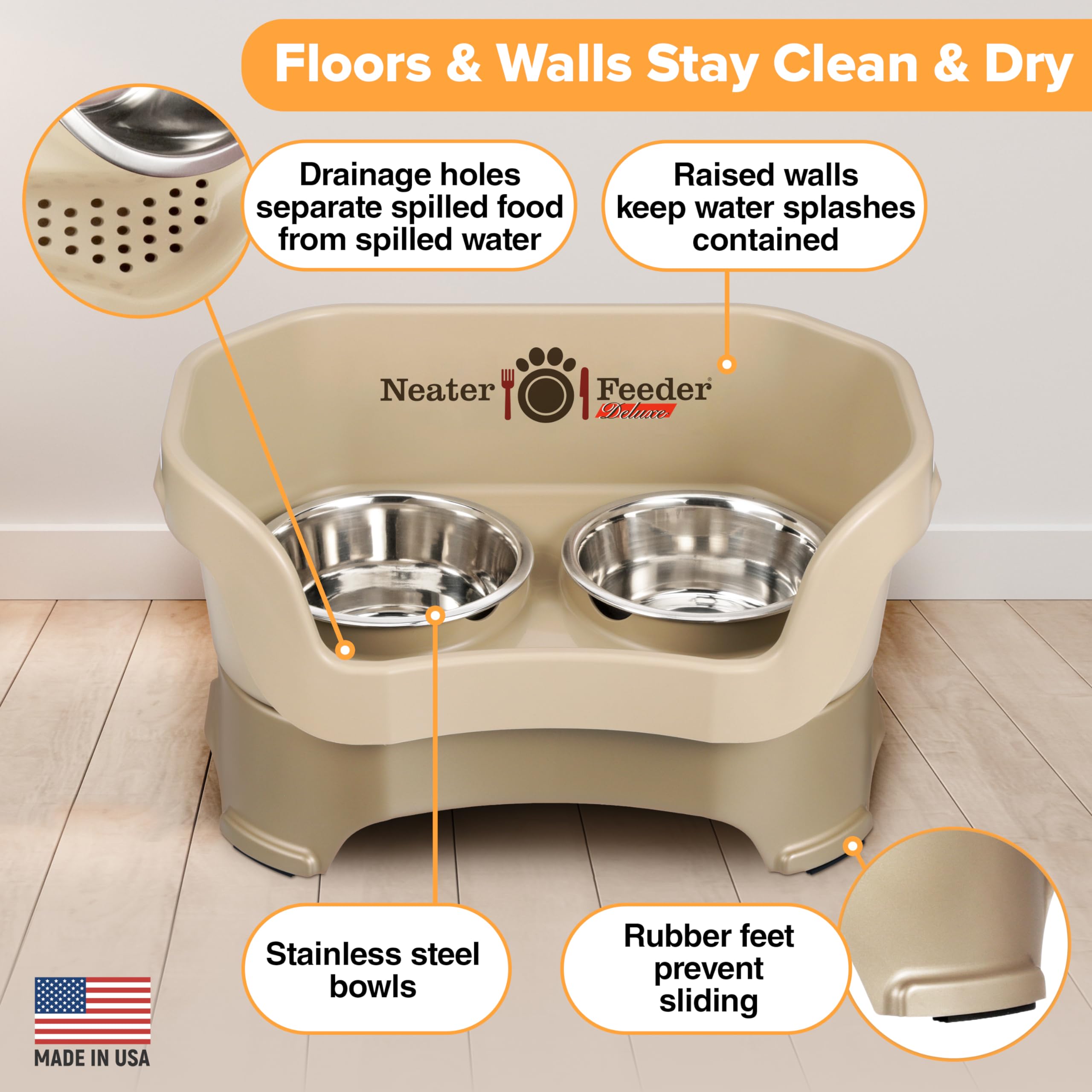 Neater Feeder splash-proof walls protect floors from water and food spills.