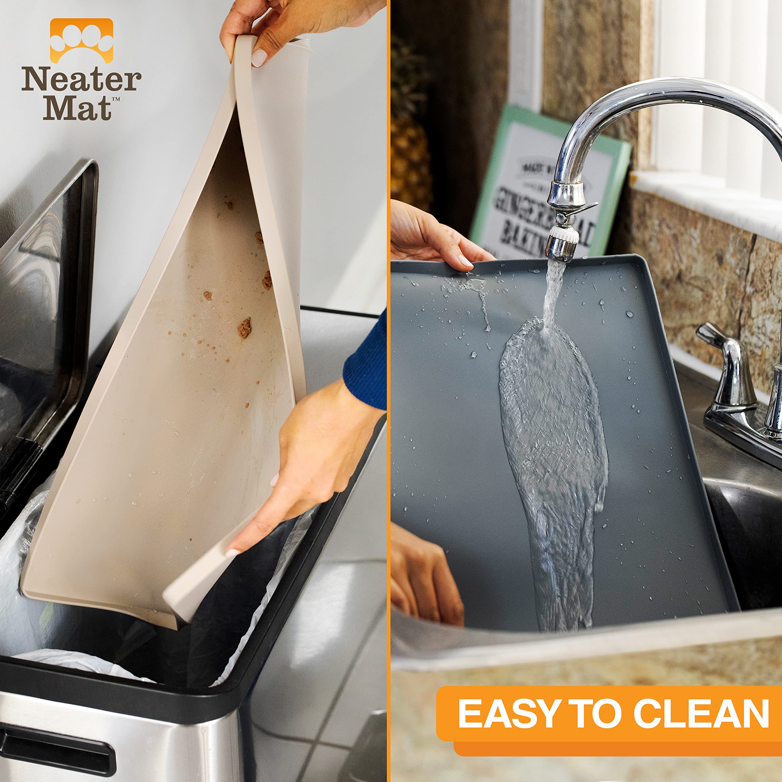 Neater Mat accommodates two bowls for cats or dogs.