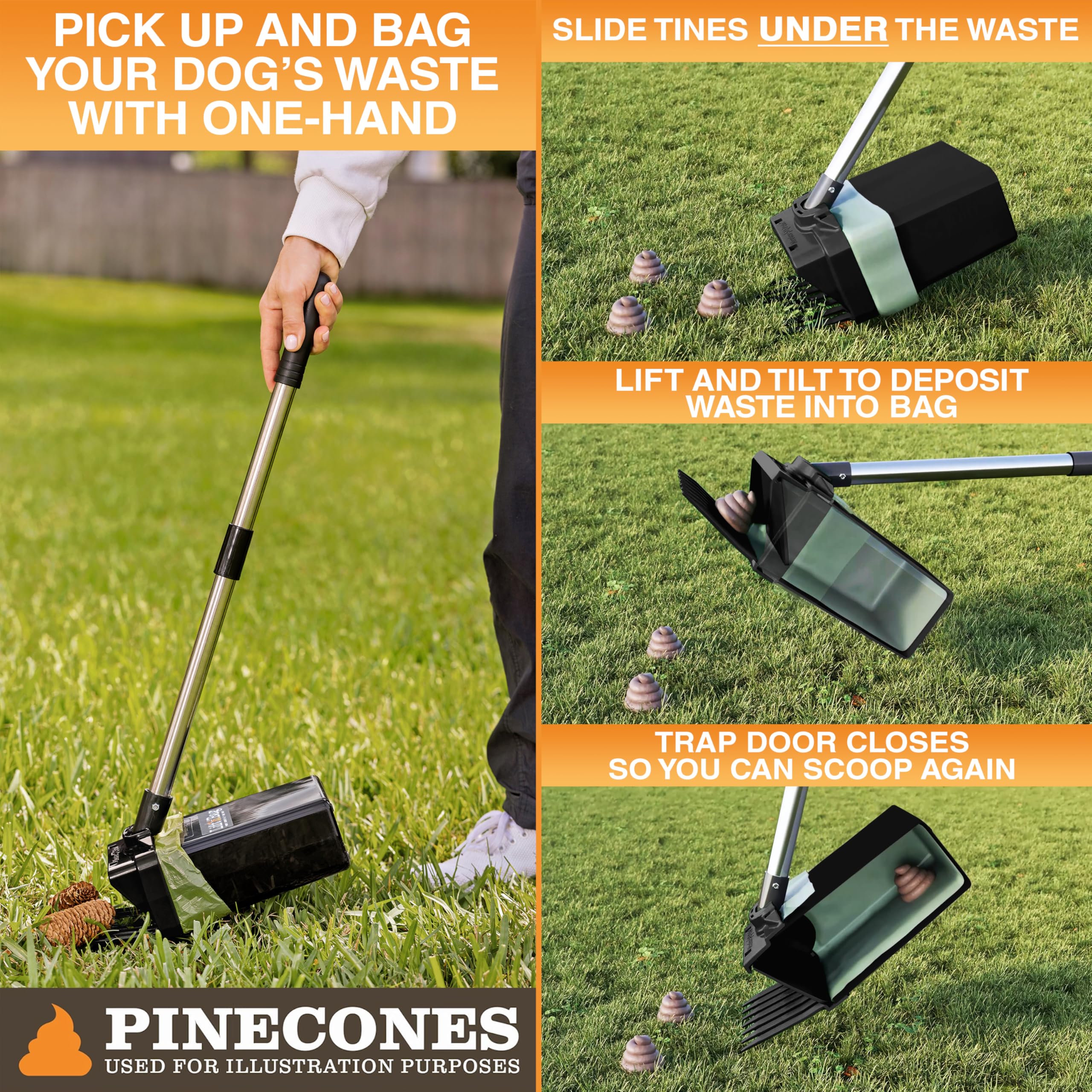 Lift N’ Bag enables one-handed cleanup on lawns, dirt, and pavement.