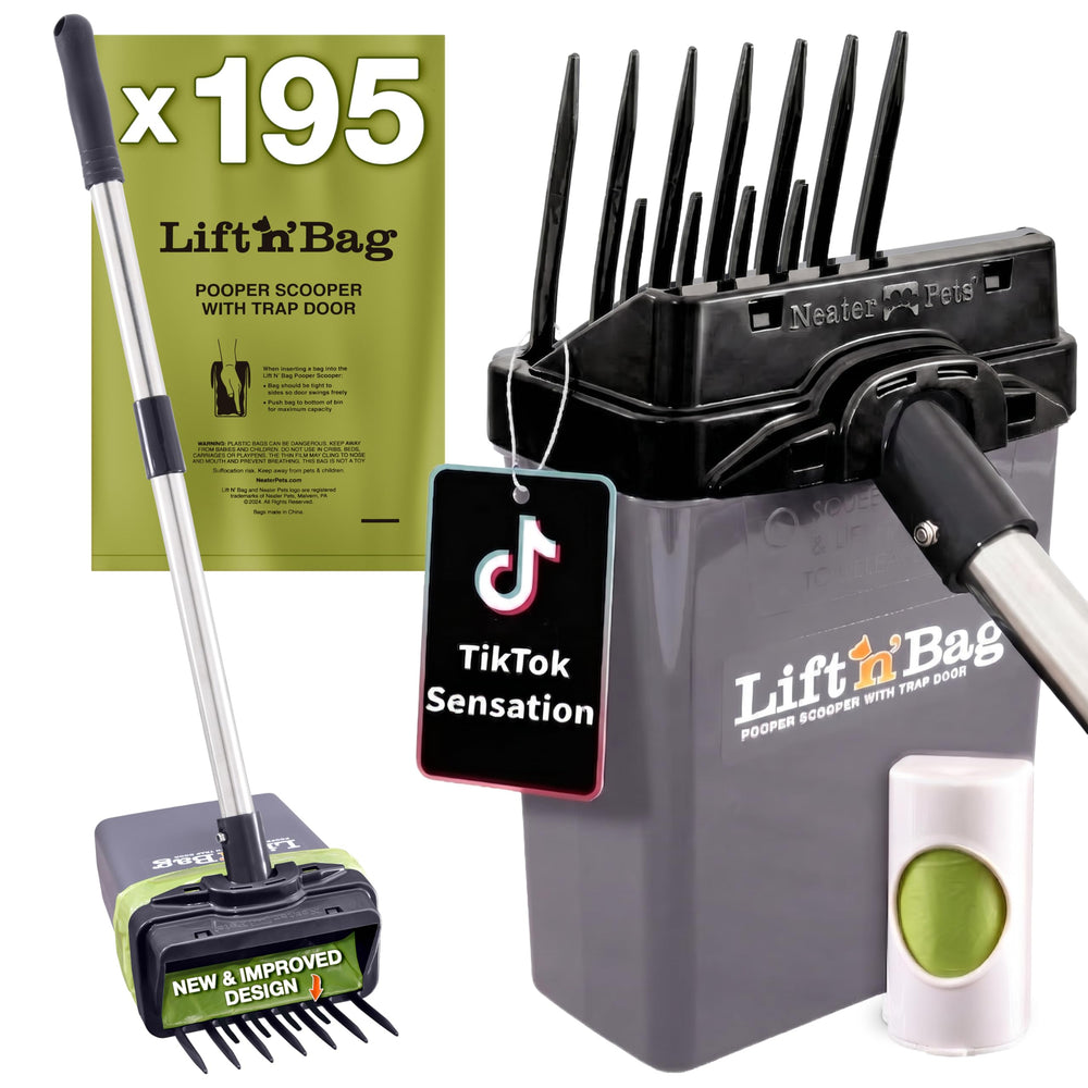 Neater Pet Brands Lift N' Bag 2.0 scoop-assembly shows quick yard cleanup.