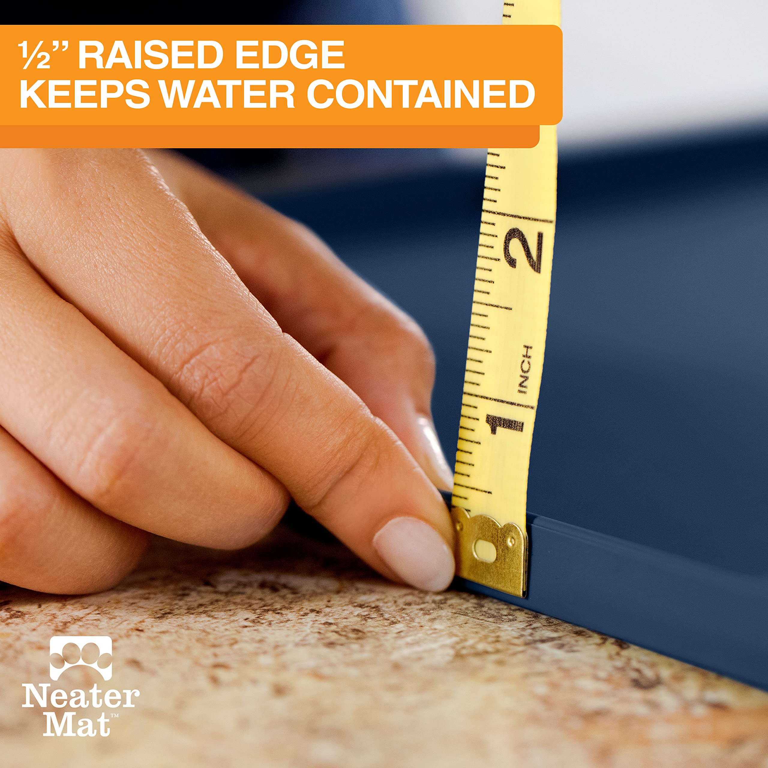 Neater Mat features raised edge to contain splashes during meals.