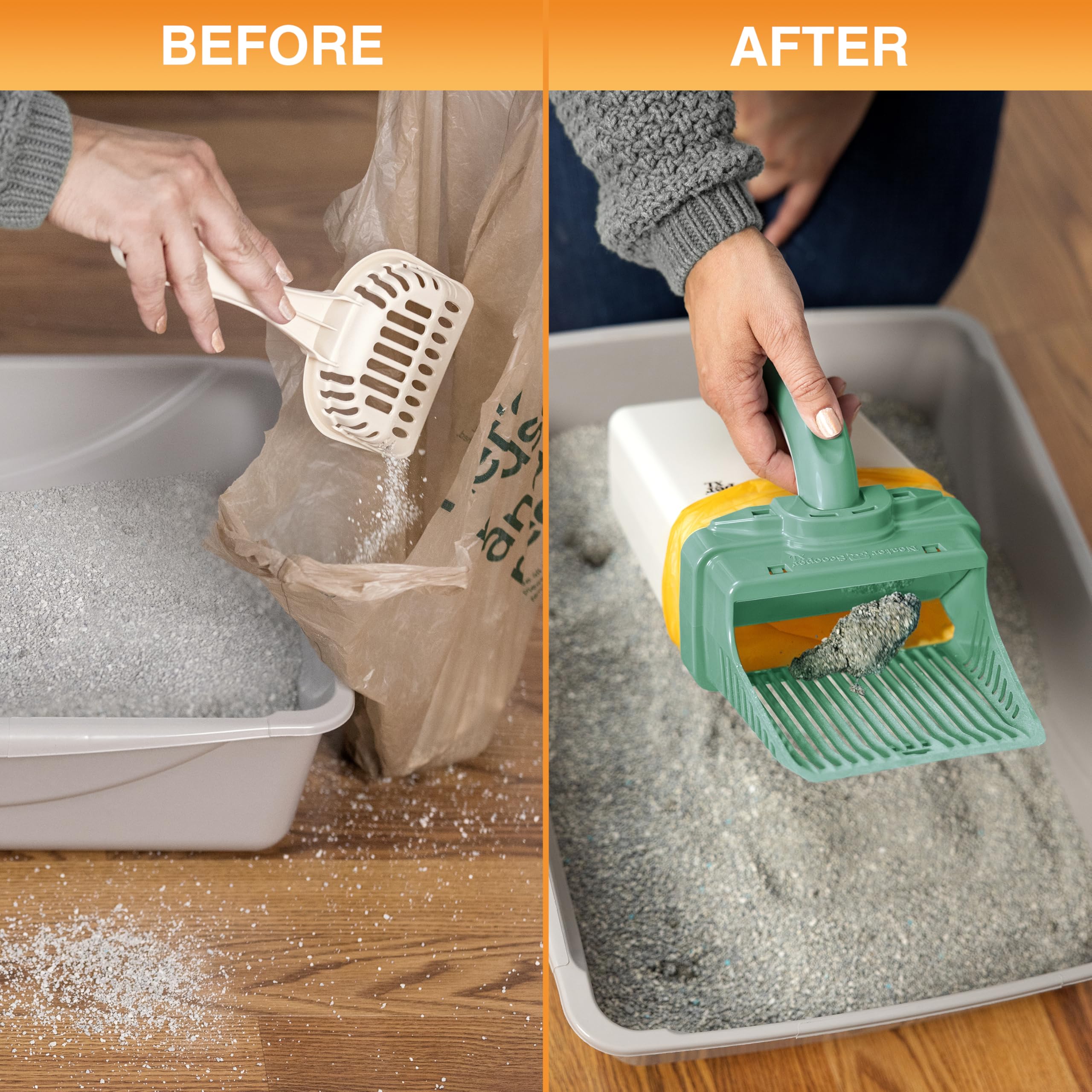 Flat-edge scoop cleans the litter box bottom and loosens tough clumps