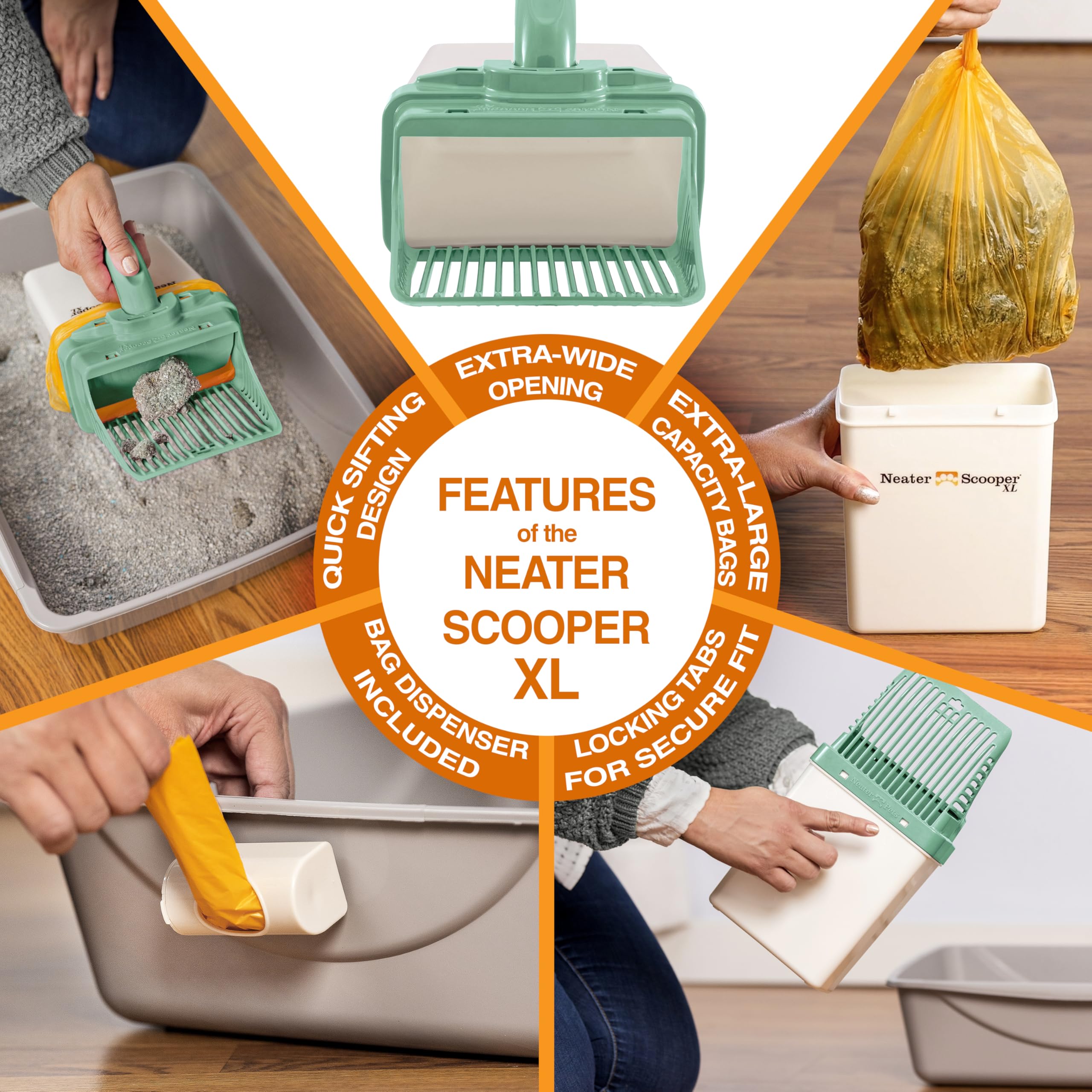 Neater Scooper XL wide opening captures large clumps with less spill.
