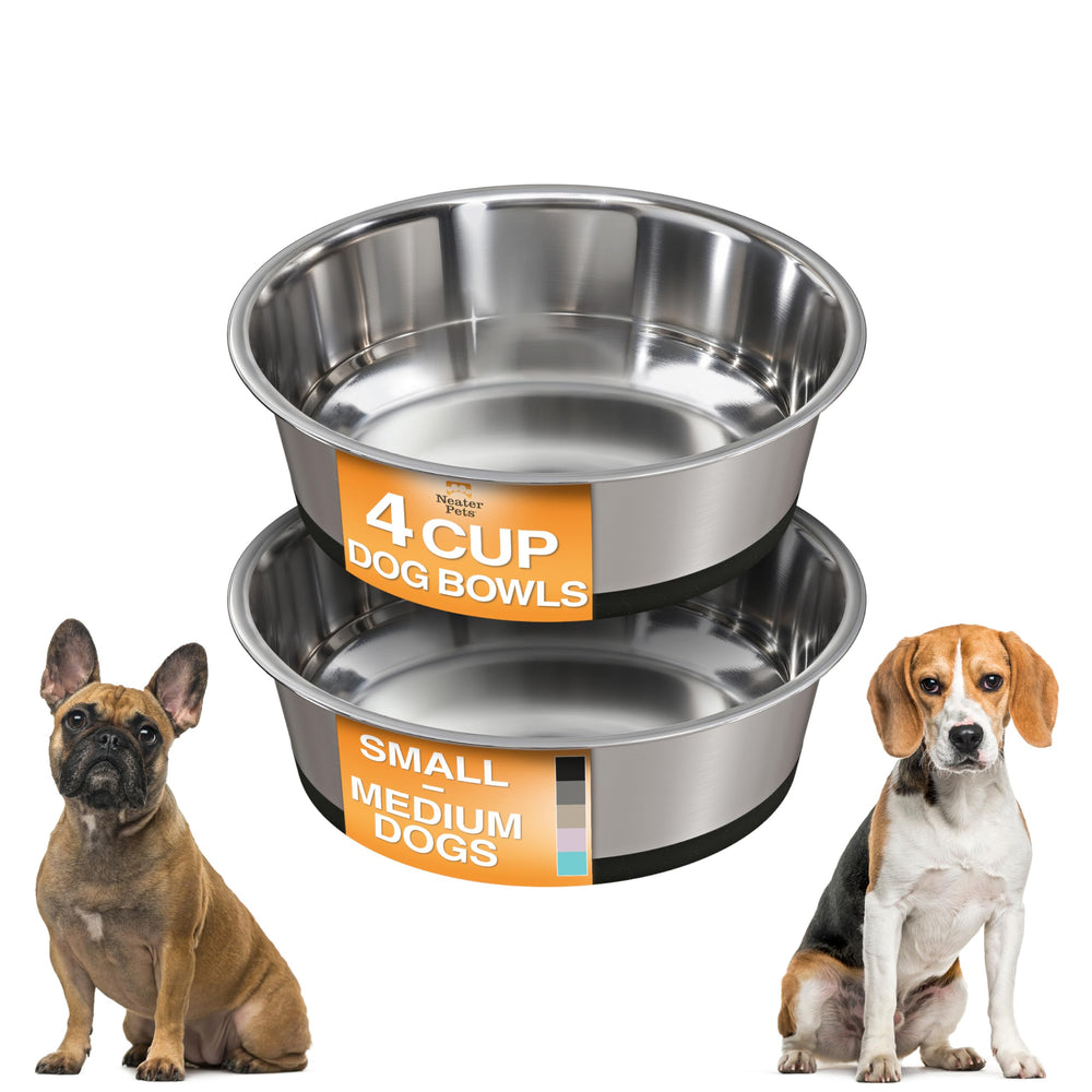 Neater Pet Brands stainless steel bowls with non-slip base stay put on hardwood floors.