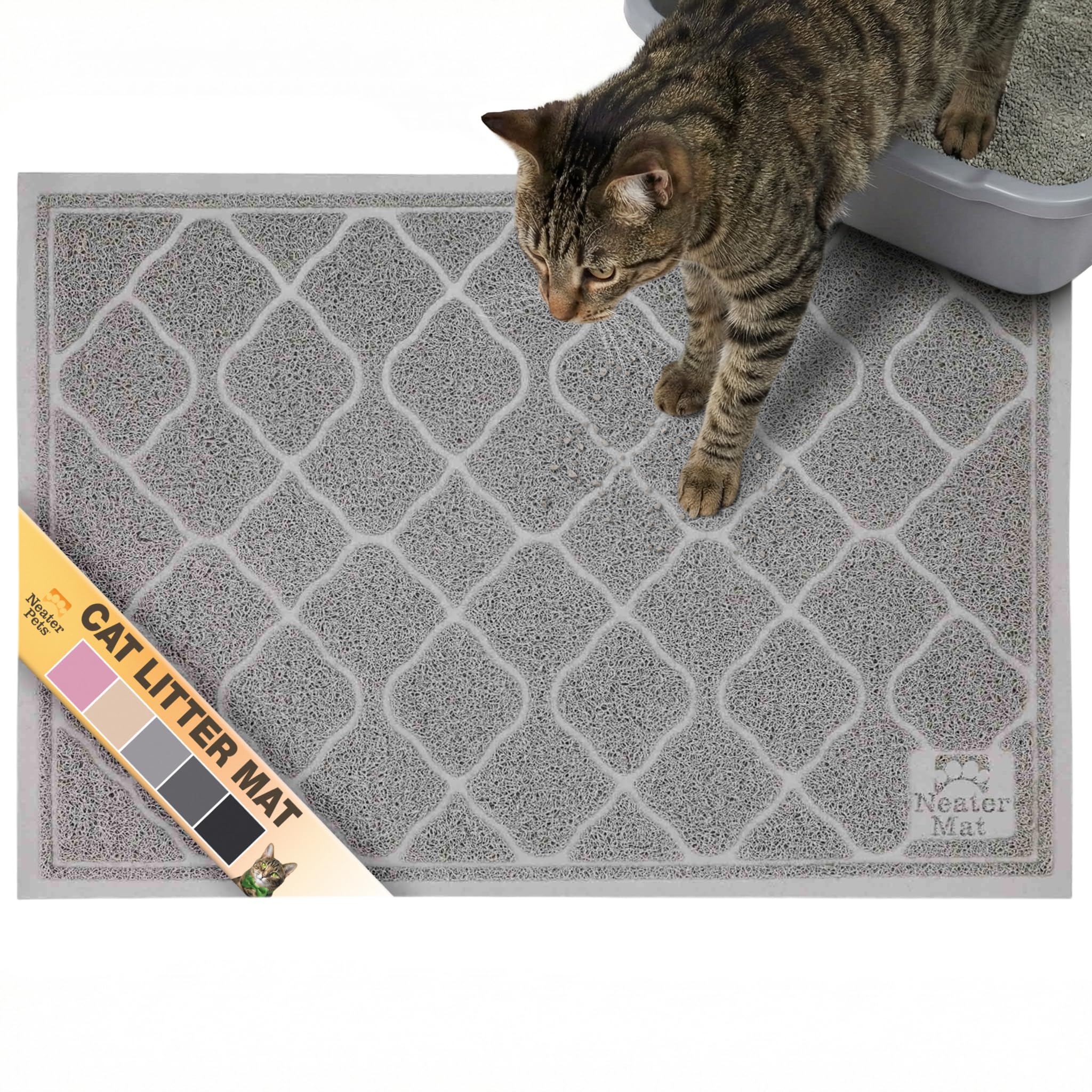 Neater Pets Neater Mat front view shows grey cat litter rug reducing floor mess.