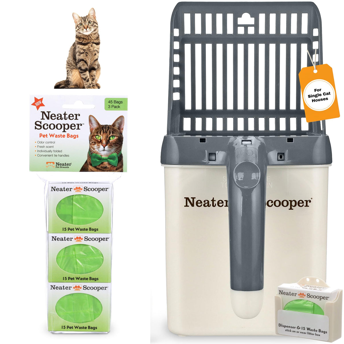 Neater Scooper standard with bag dispenser attached for mess-free litter removal.