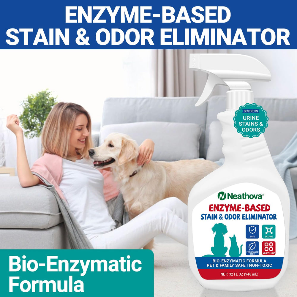 Neathova multi-surface-spray: versatile spray for carpets, furniture, and dog spots without residue.