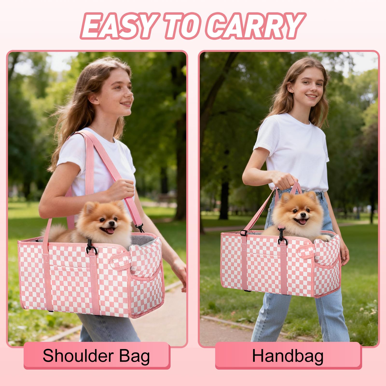 NECKORY Console Dog Seat pink checkered fabric enhances vehicle interior style.