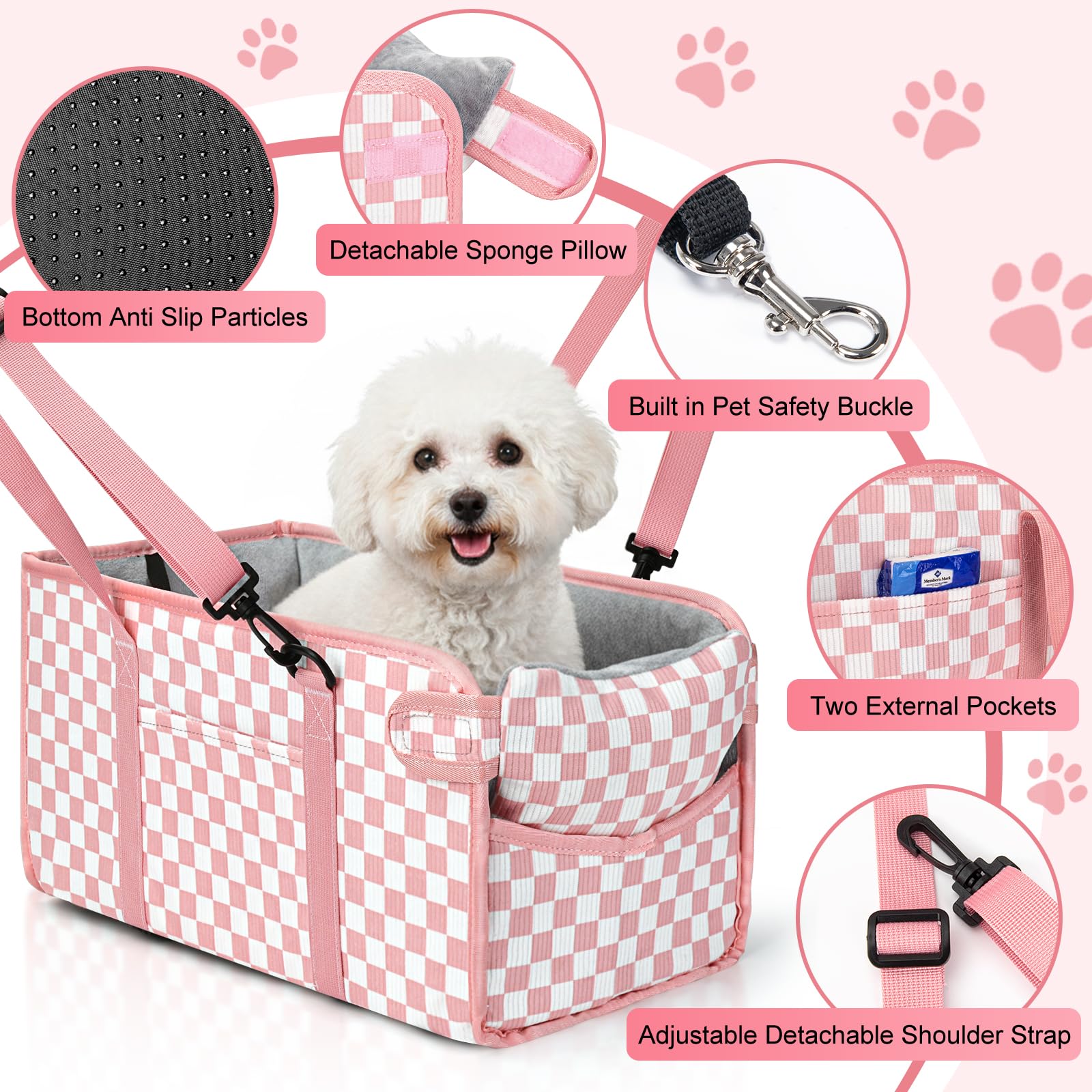 NECKORY Console Dog Seat safety belt attachment keeps pets safely restrained.