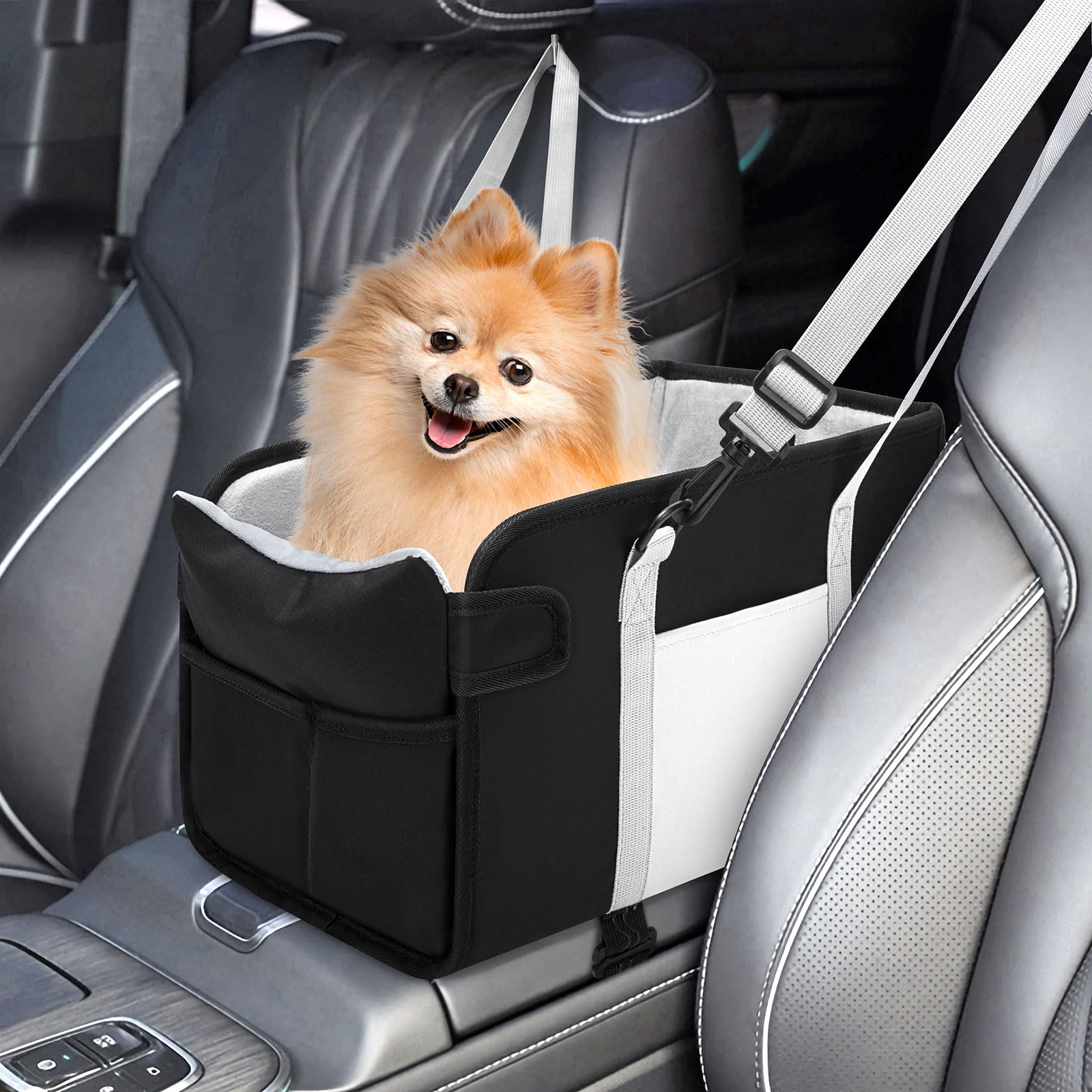 NECKORY portable dog car seat mounted on center console, cozy elevated view for small dogs.