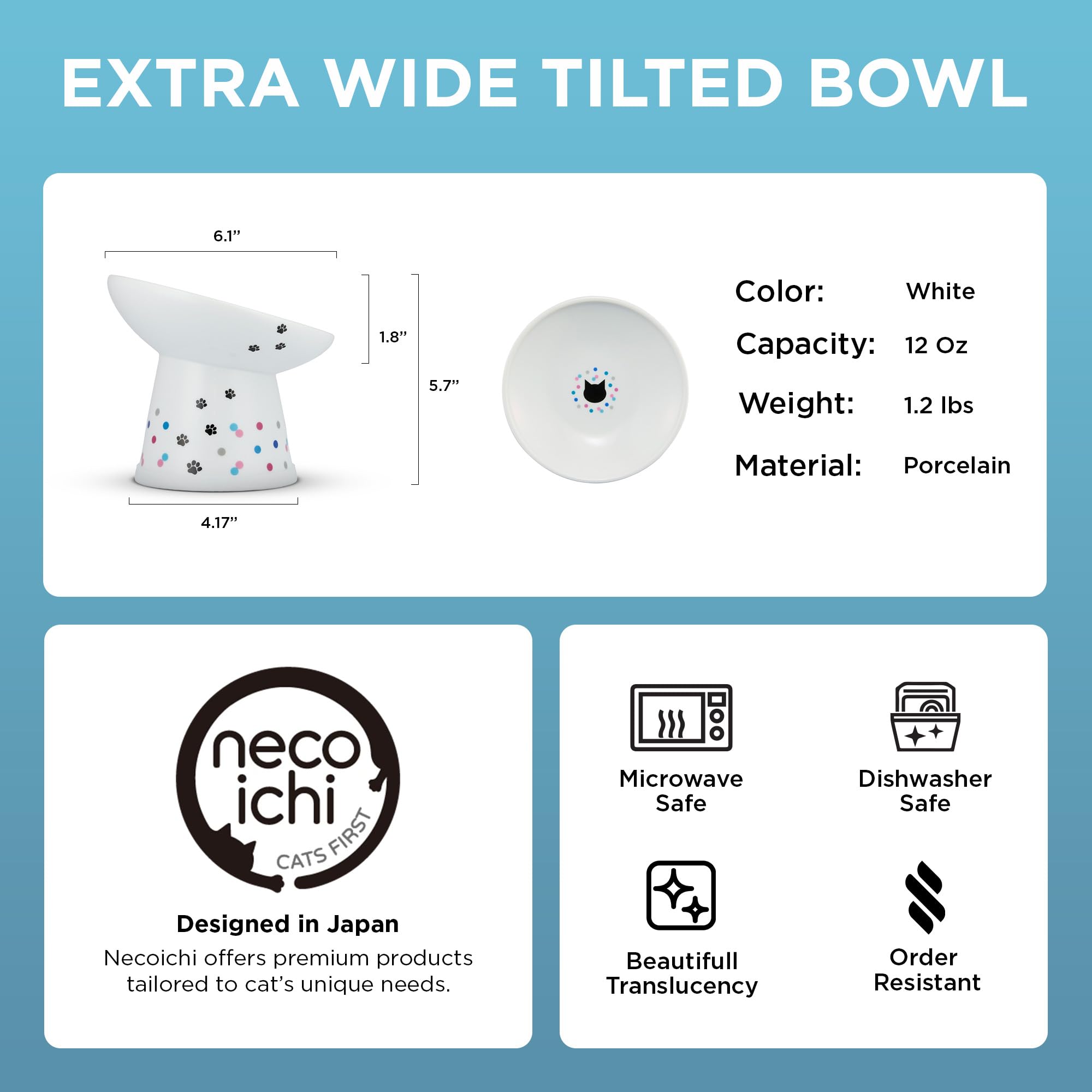 Necoichi bowl with non-slip silicone ring prevents spills during meals.