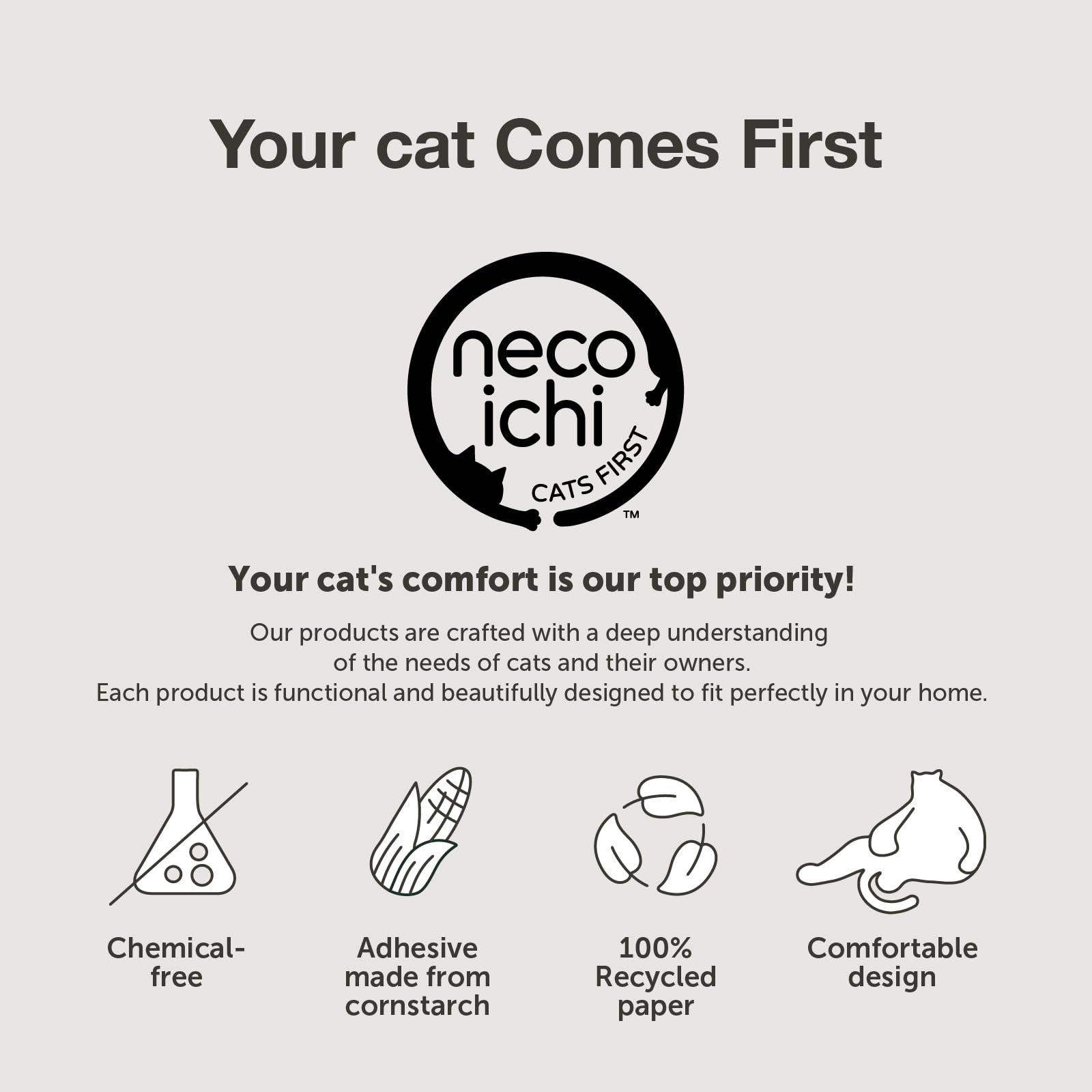 Necoichi Cardboard Cat Scratcher Bed assembly-free, ready to use.