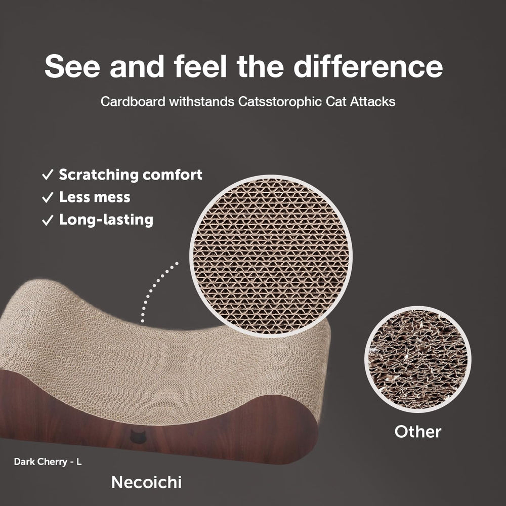 Necoichi Cardboard Cat Scratcher Bed dark cherry finish adds elegance.
