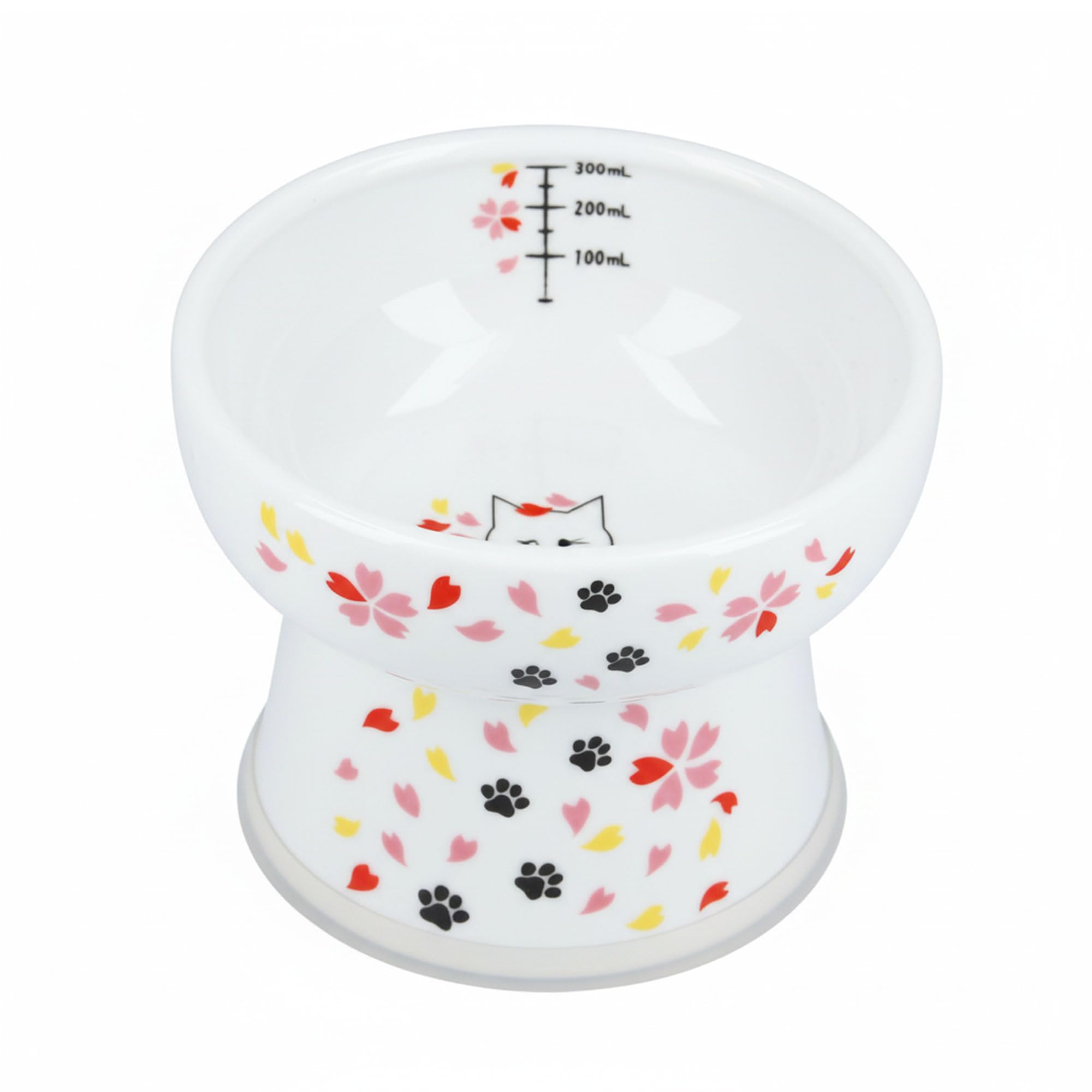 Necoichi elevated ceramic cat water bowl shown with Sakura floral design for comfortable drinking.