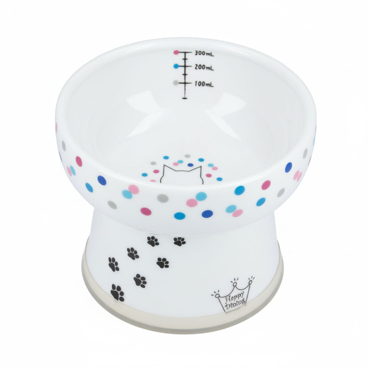 Necoichi elevated cat water bowl with colorful dots—ergonomic drinking posture.