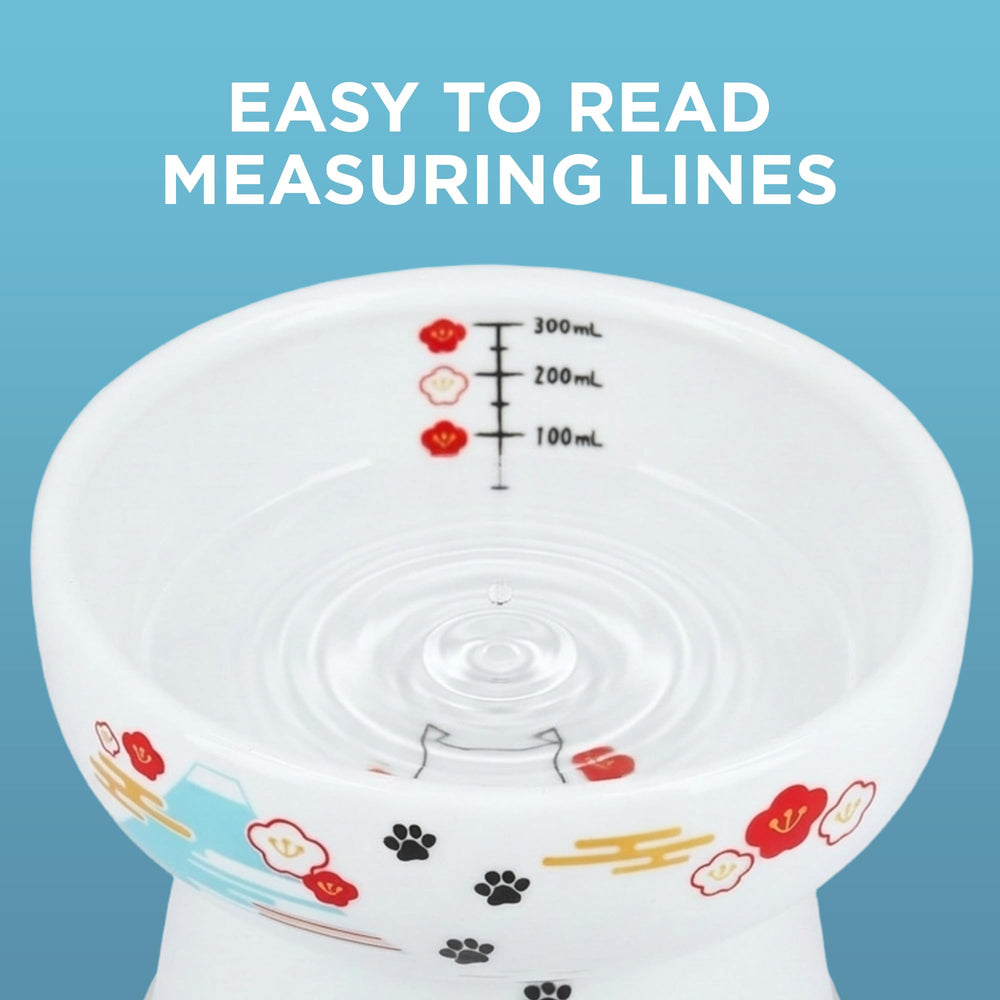 Necoichi elevated cat water bowl with measurement lines helps monitor hydration.