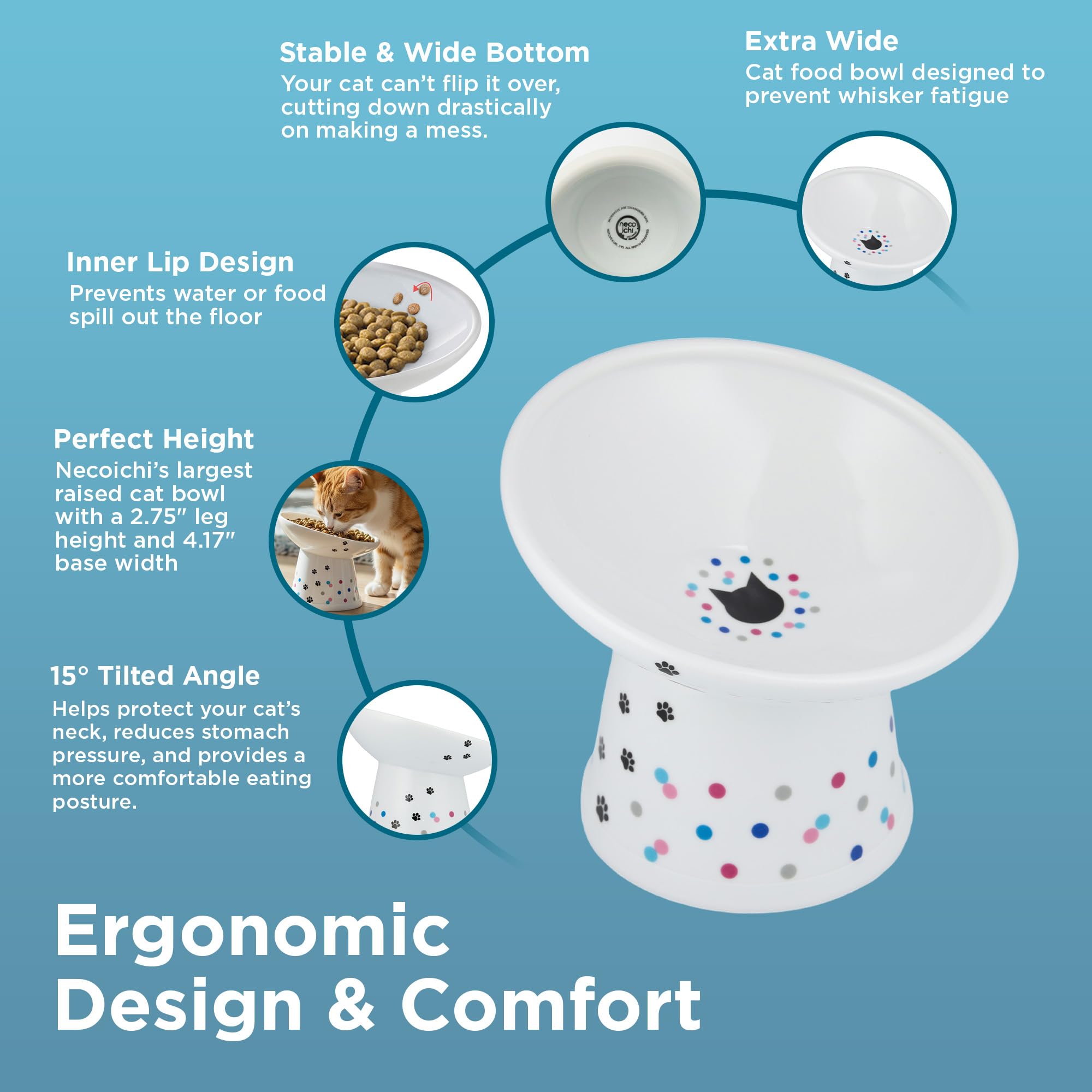 Necoichi porcelain cat bowl is microwave-safe and easy to clean.