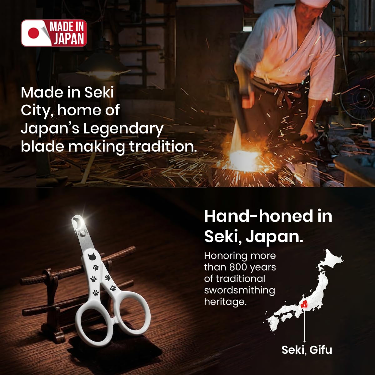 Seki craftsmanship on Necoichi Purrcision reflects enduring build quality.