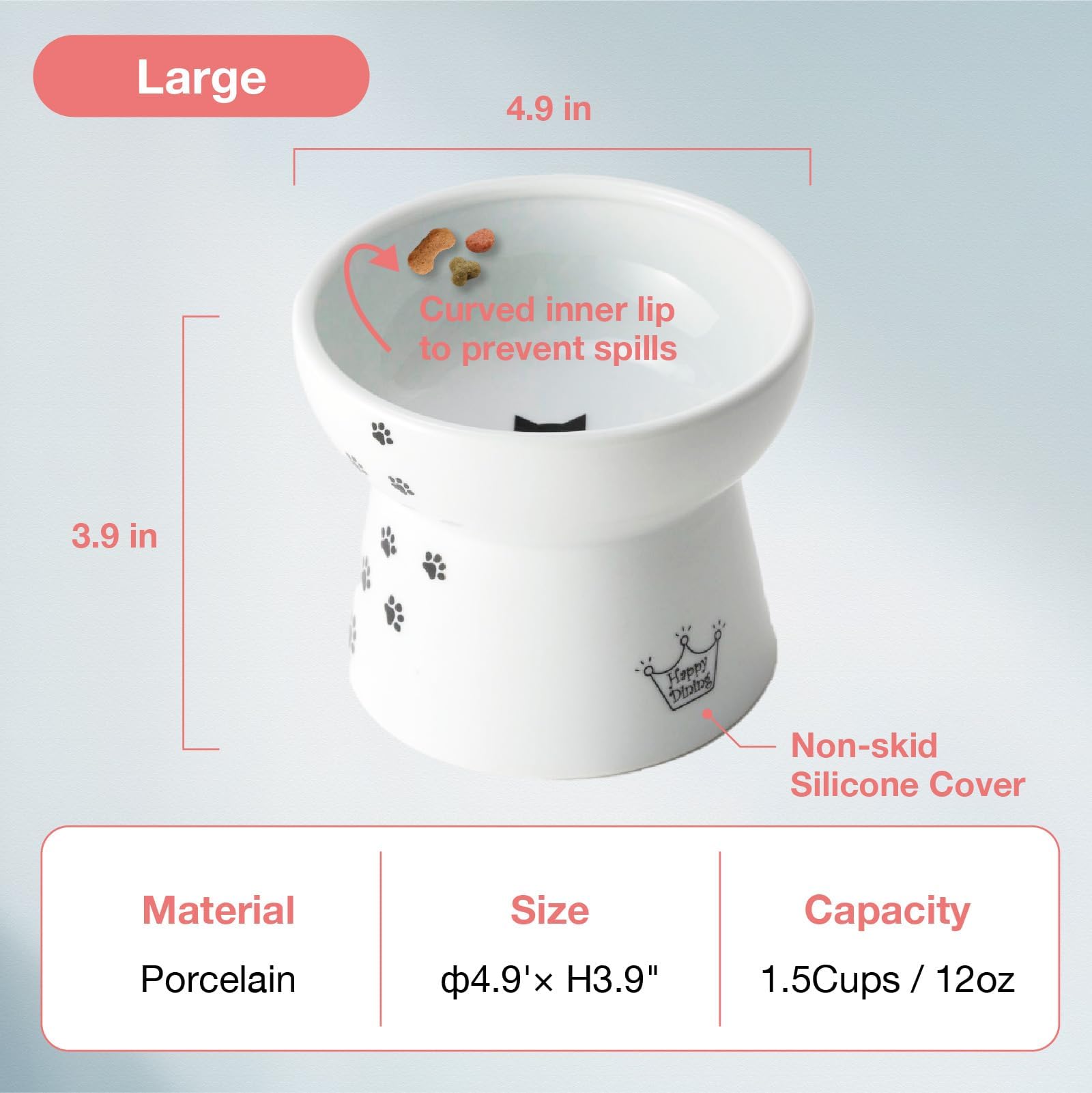 Necoichi 2-cup capacity raised bowl fits moderate portions for large cats.